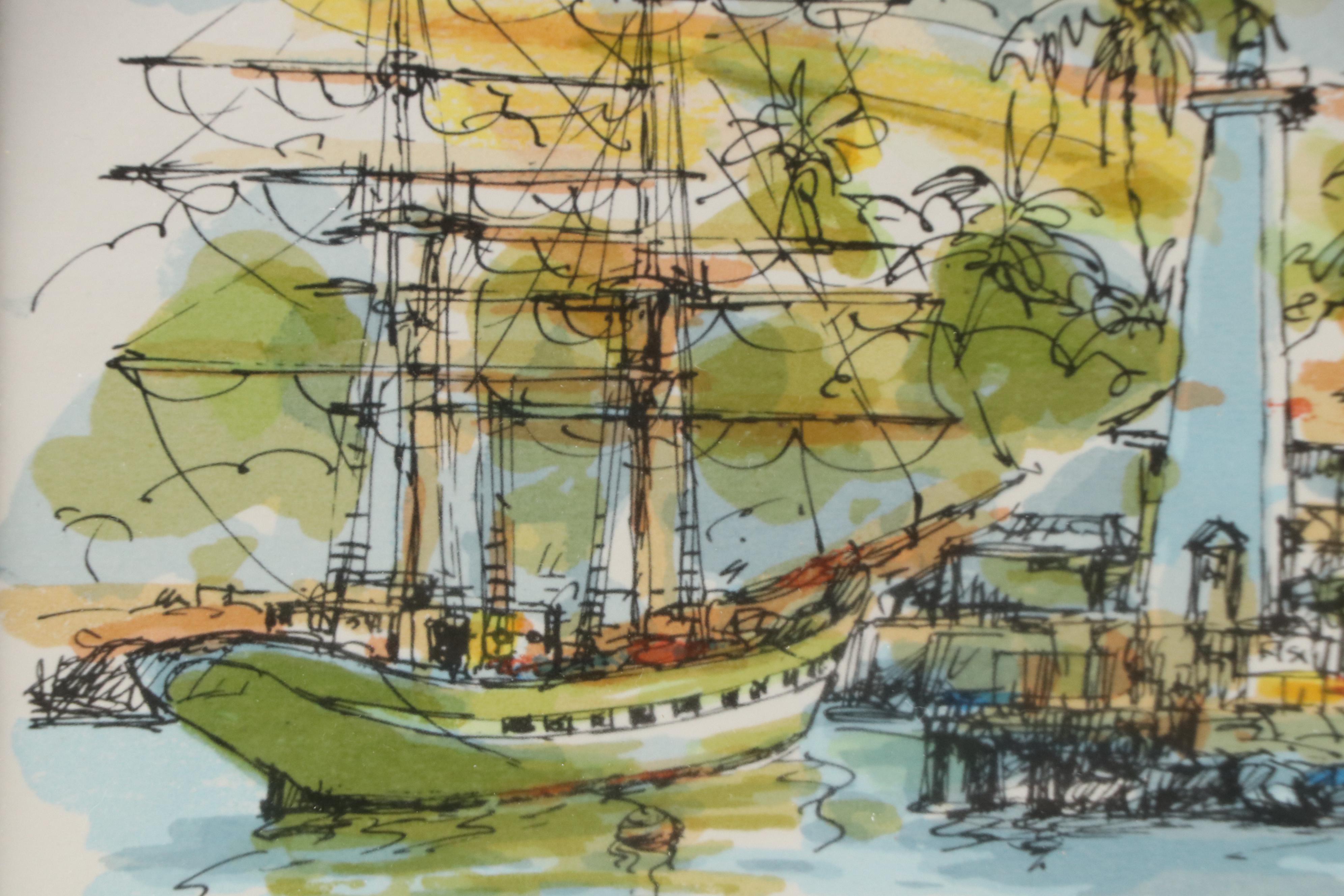 Dock Scene Lithograph, Late 20th Century