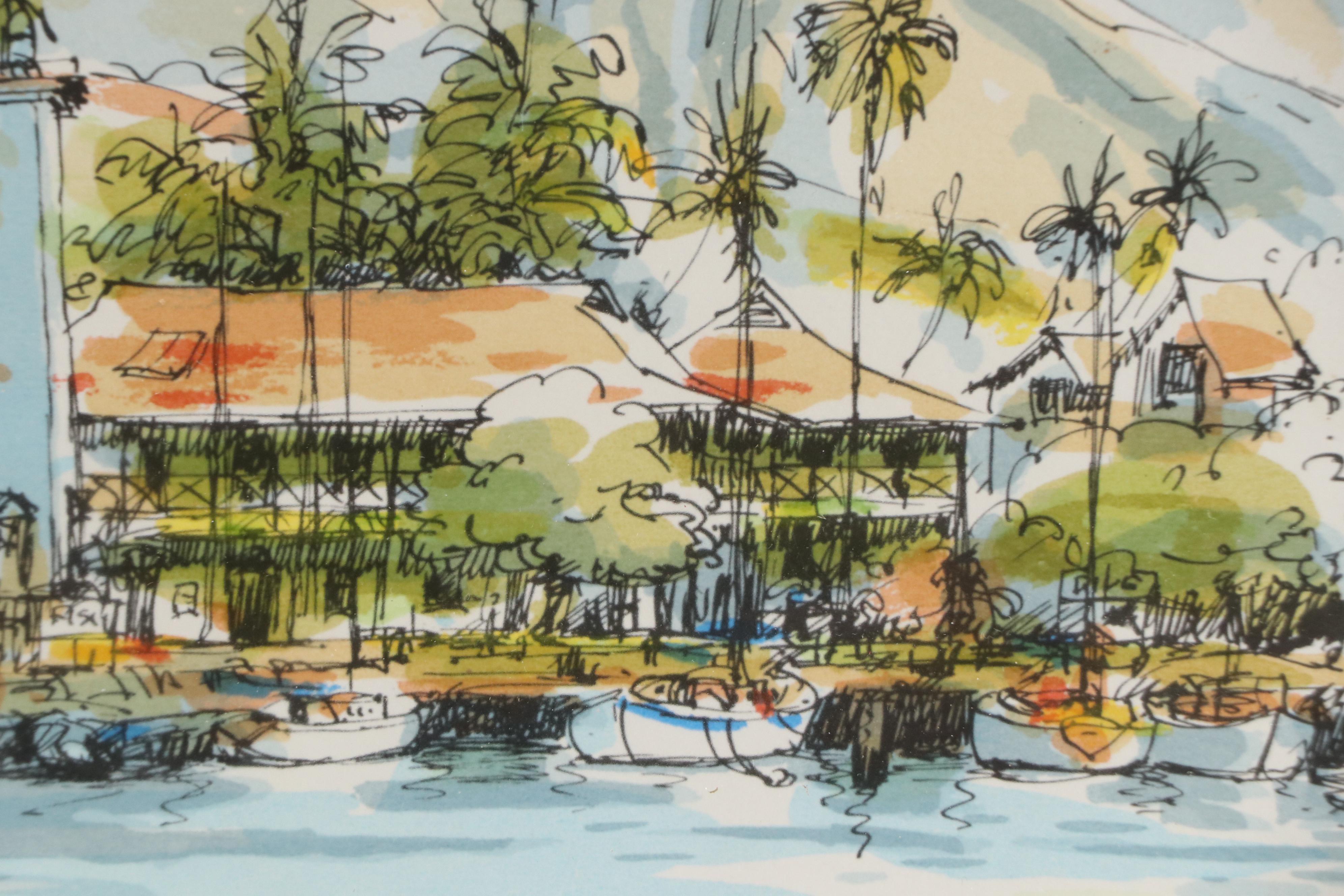 Dock Scene Lithograph, Late 20th Century