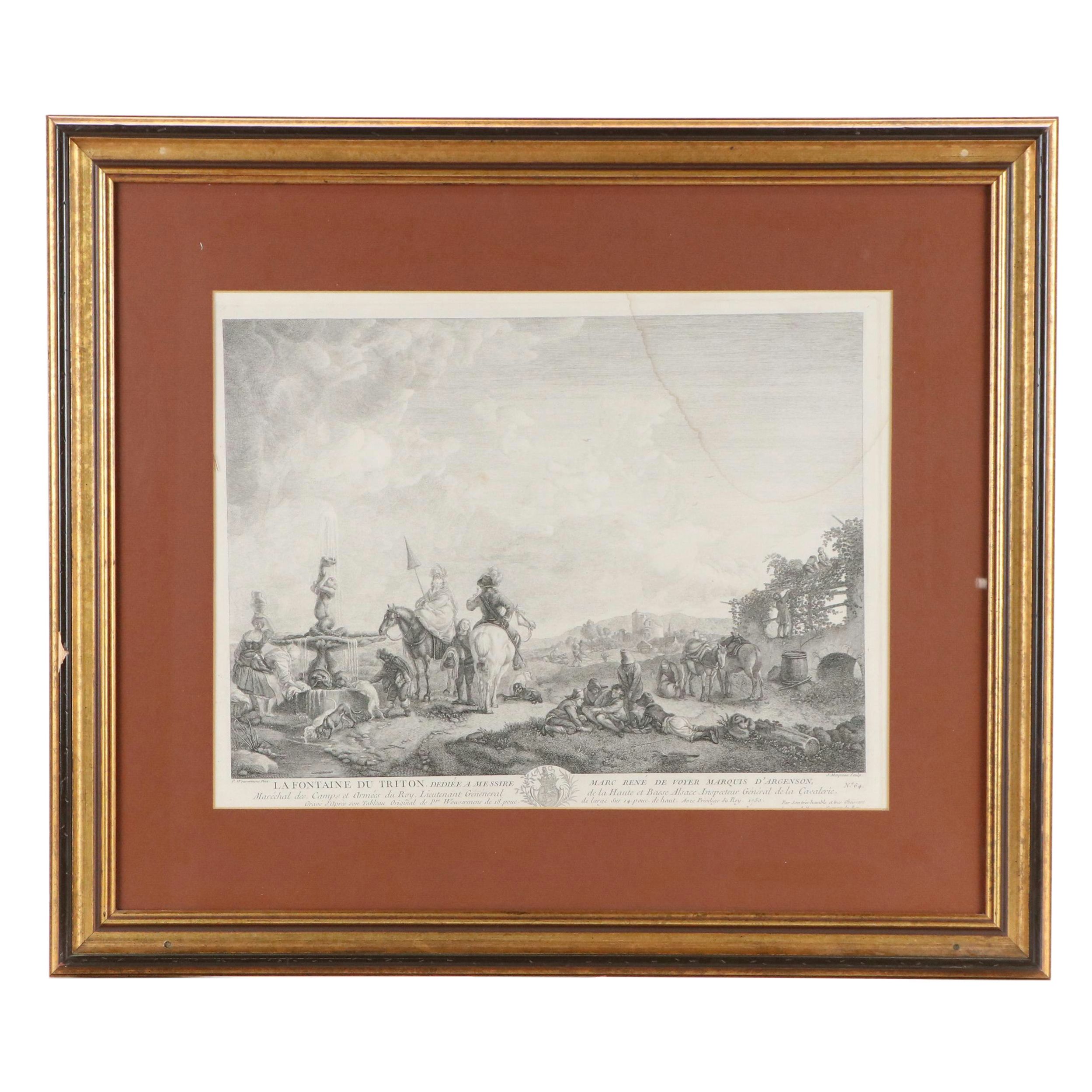 French School Engraving After Philips Wouwerman "La Fontaine du Triton," 1750