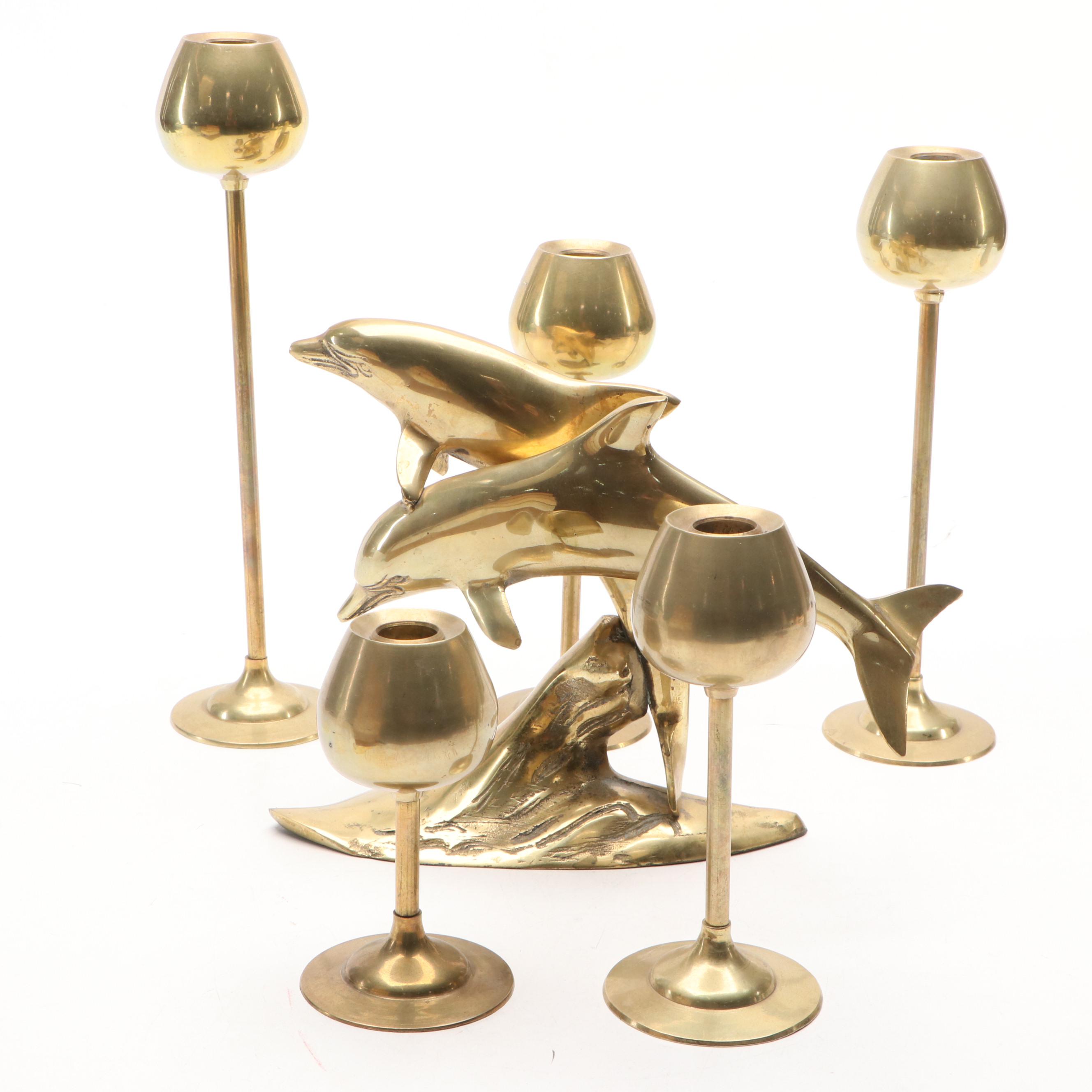 MCM Brass Candlesticks with Cast Brass Dolphins
