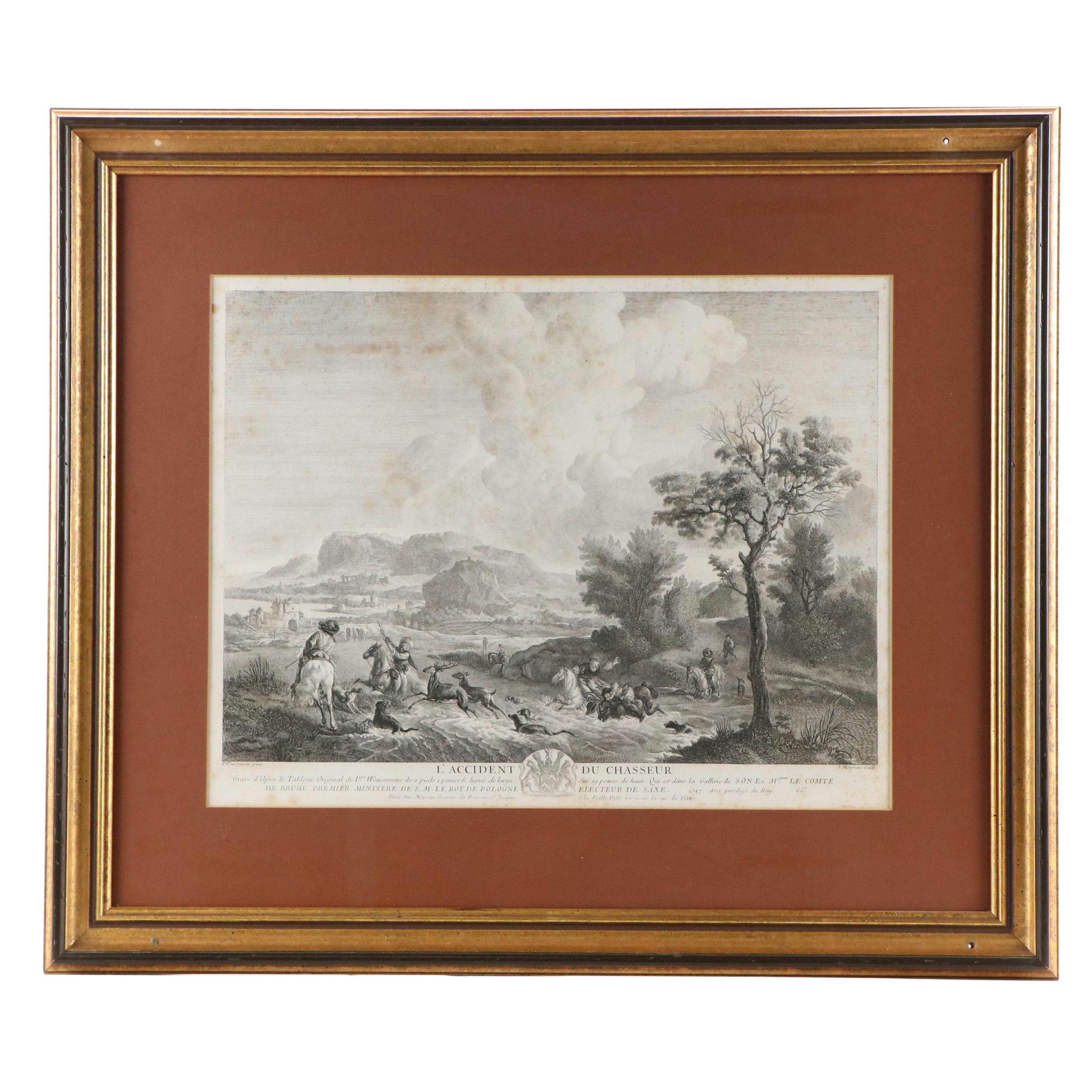 French School Engraving After Philips Wouwerman "L'Accident du Chasseur," 1747