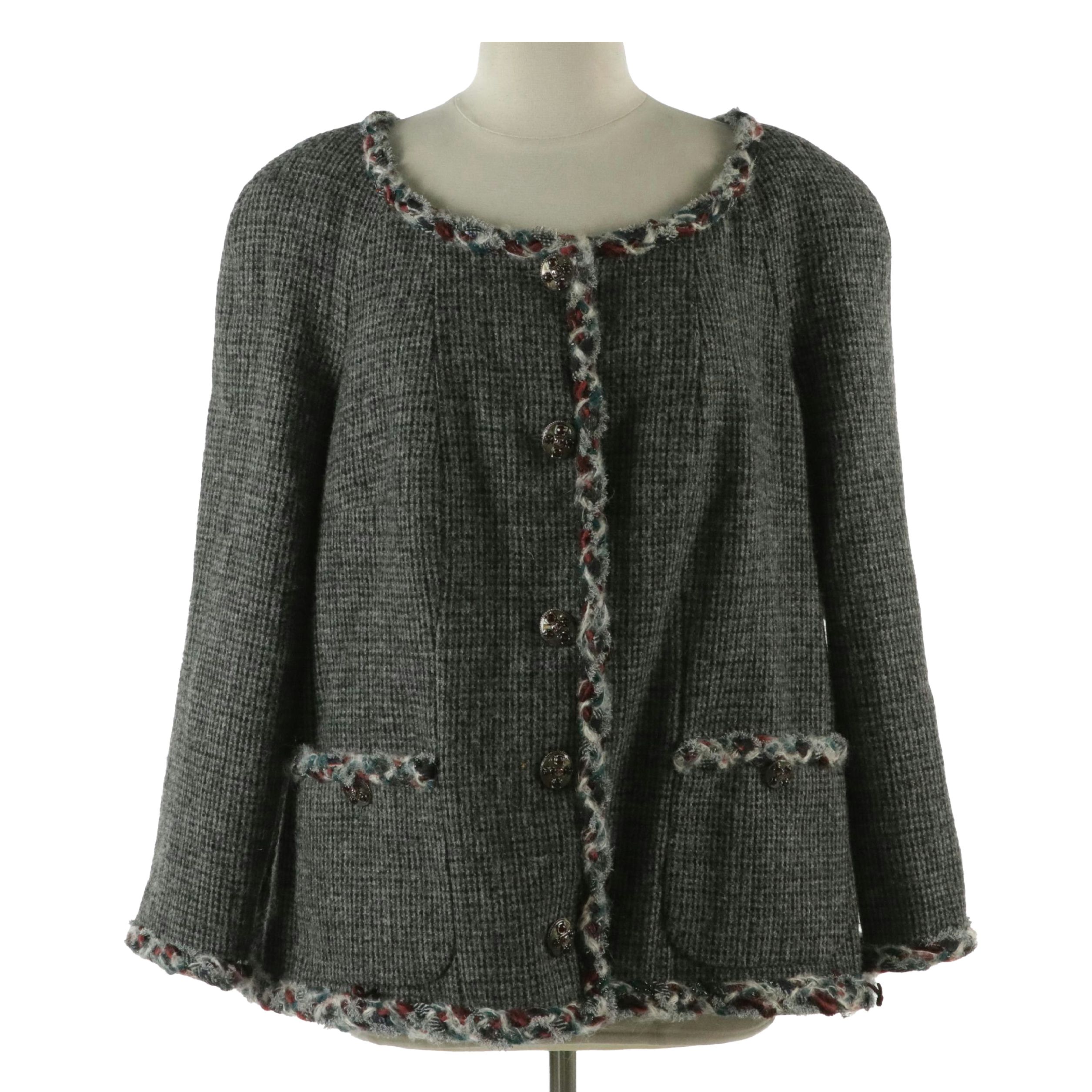 Chanel Tweed Collarless Jacket with Bouclé Trim CC Buttons