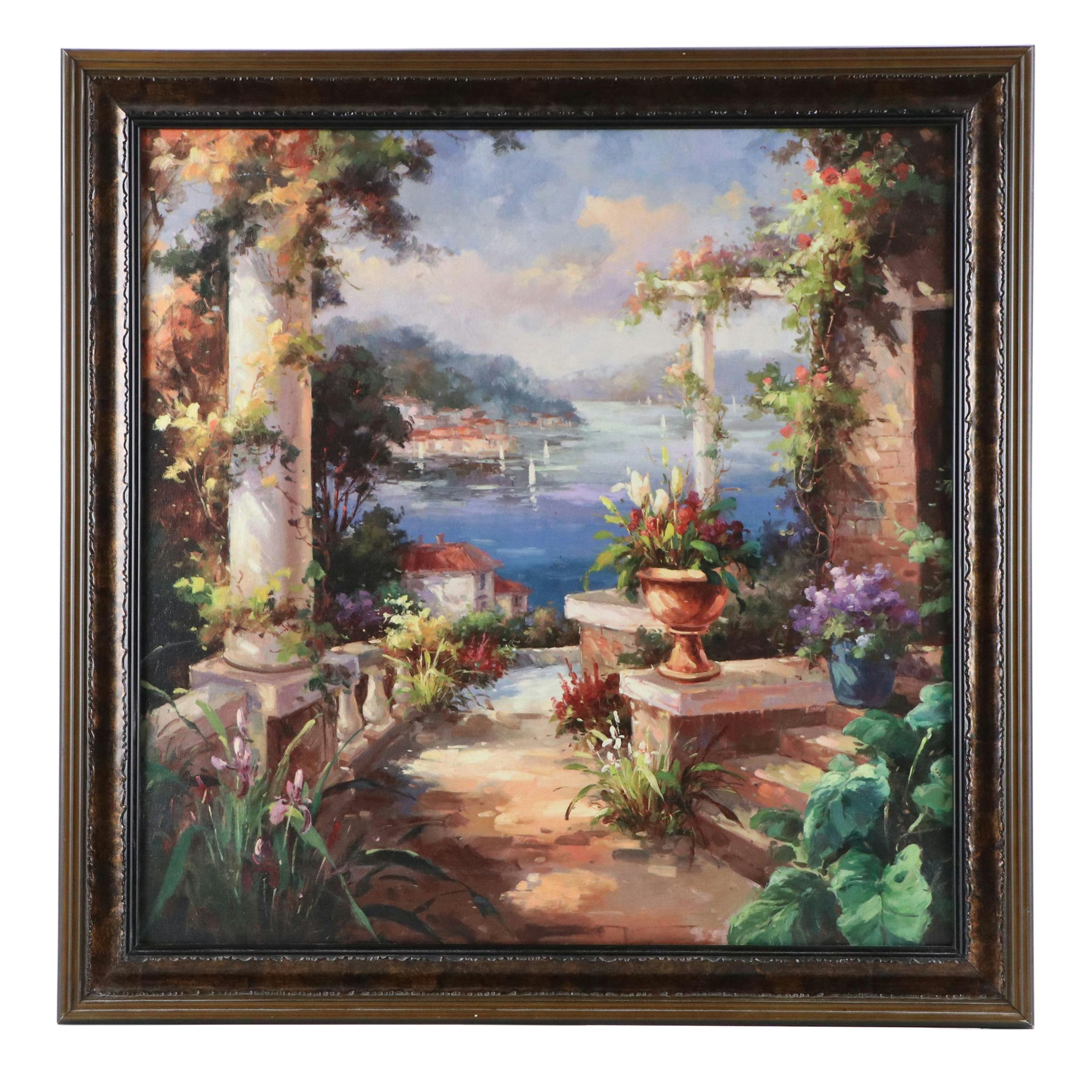 Offset Lithograph of Mediterranean Terrace with Flowers, 21st Century