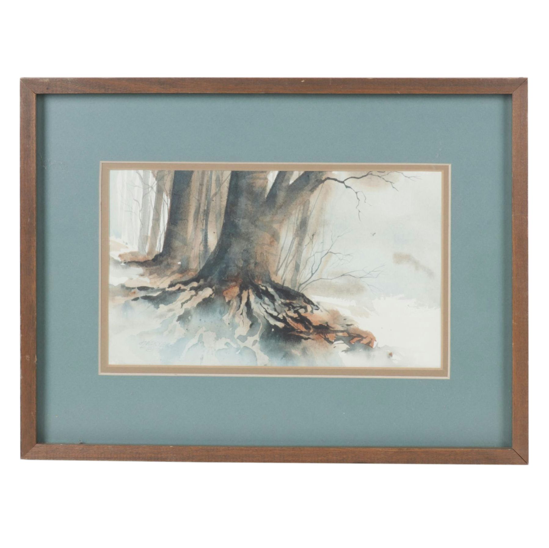 Lockyer Cool-Toned Watercolor Painting of Tree Roots in Winter Forest Landscape