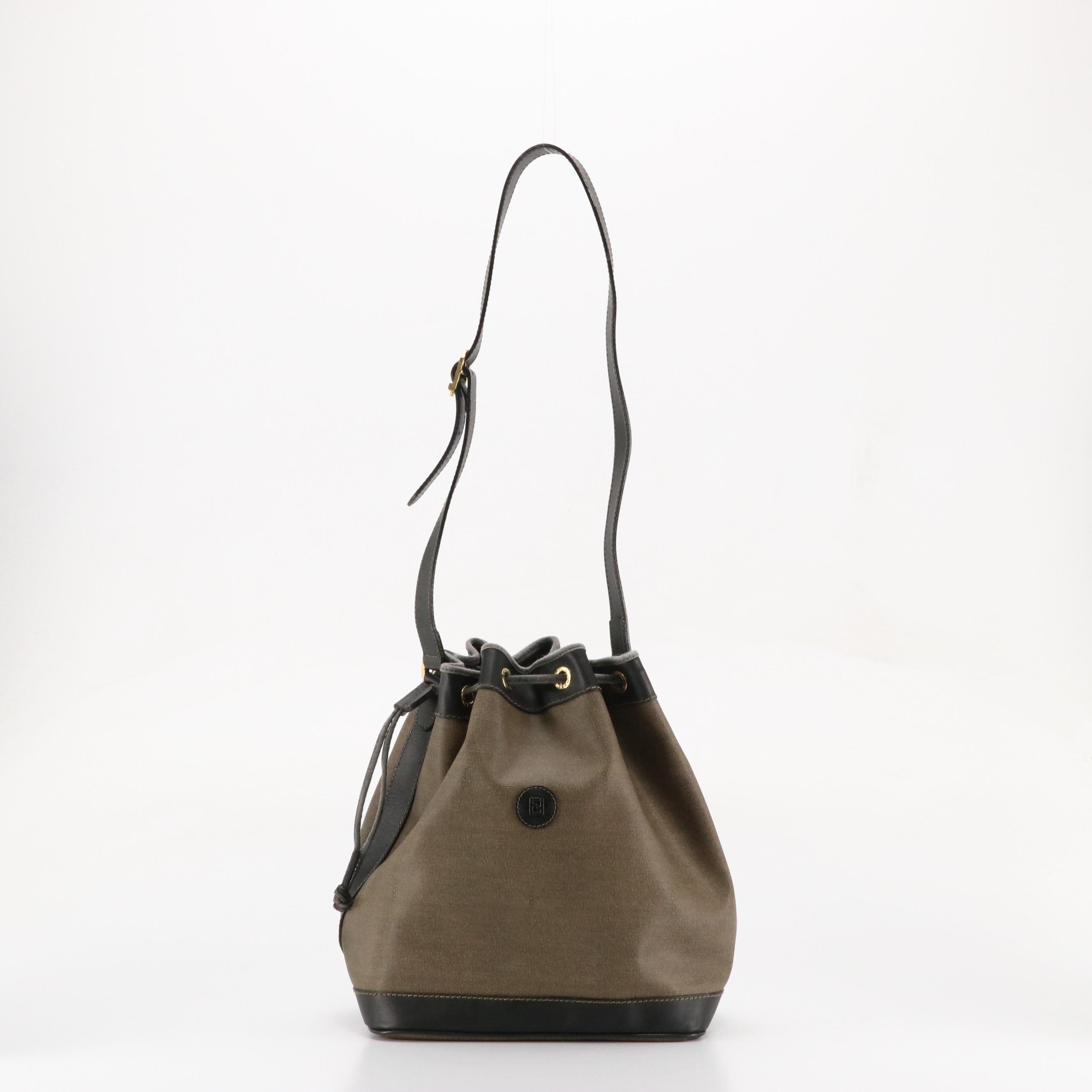 Fendi Drawstring Bucket Bag and Pouch in Canvas and Black Leather Trim
