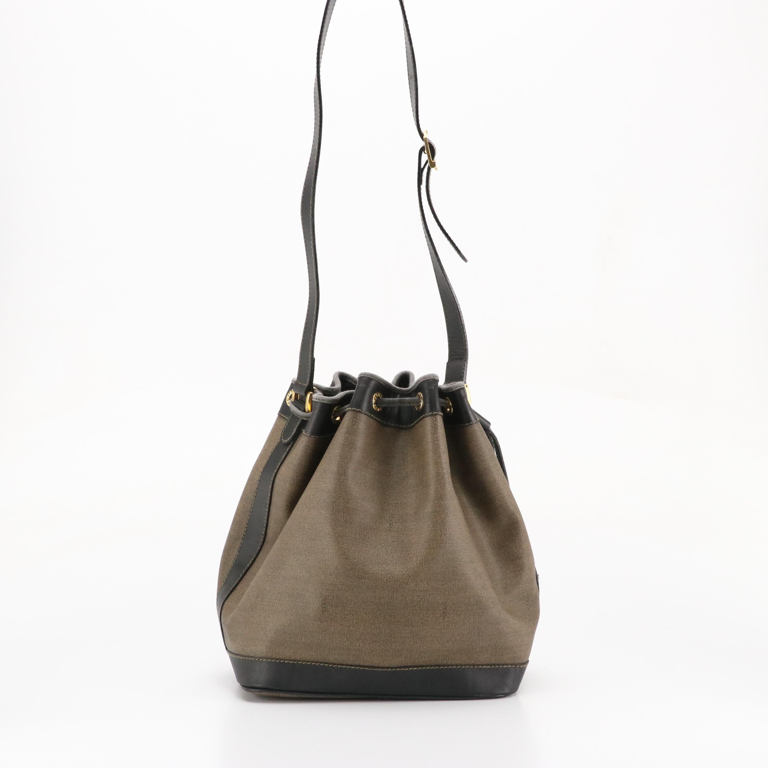 Fendi Drawstring Bucket Bag and Pouch in Canvas and Black Leather Trim