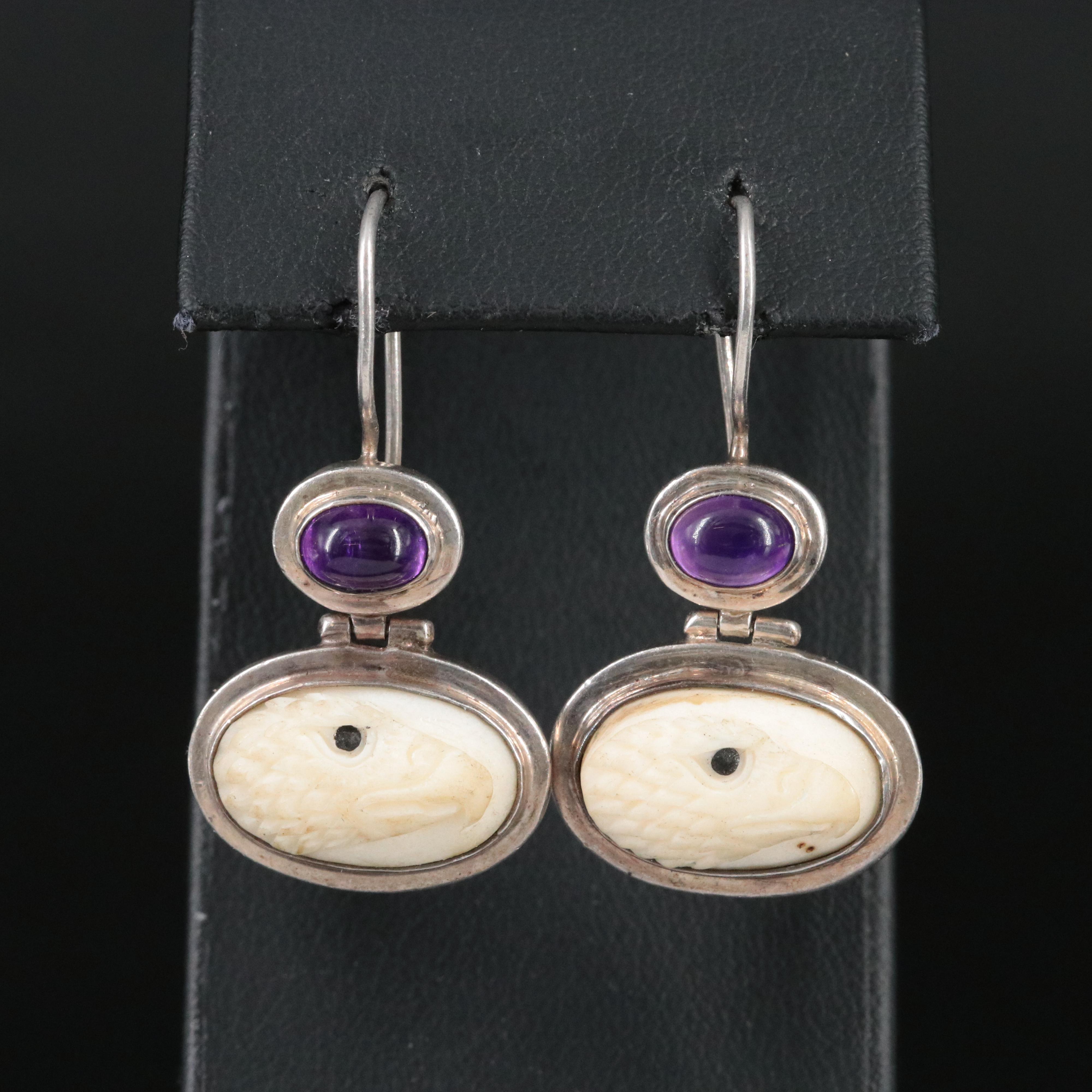 Sterling Carved Bone Eagle and Amethyst Drop  Earrings