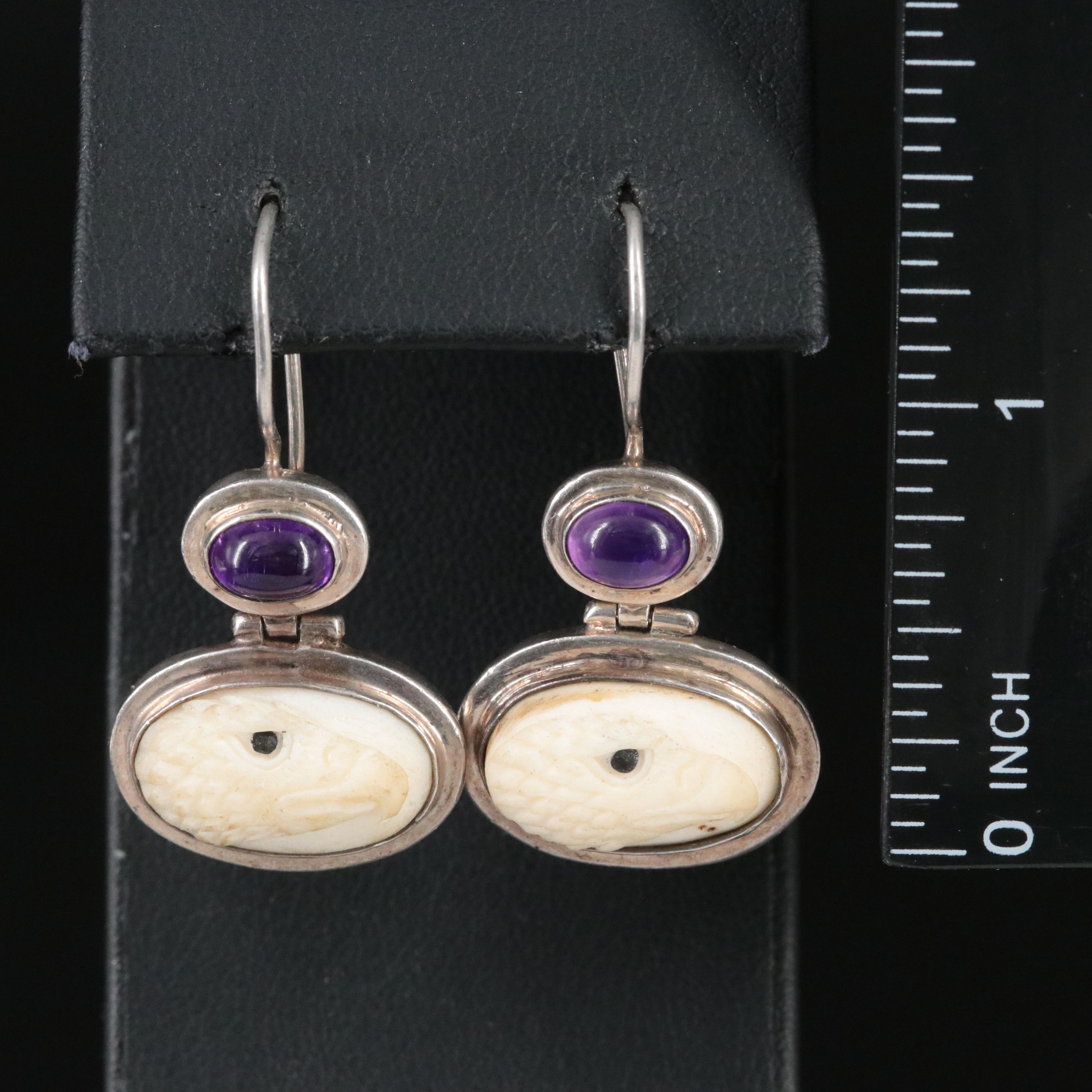 Sterling Carved Bone Eagle and Amethyst Drop  Earrings