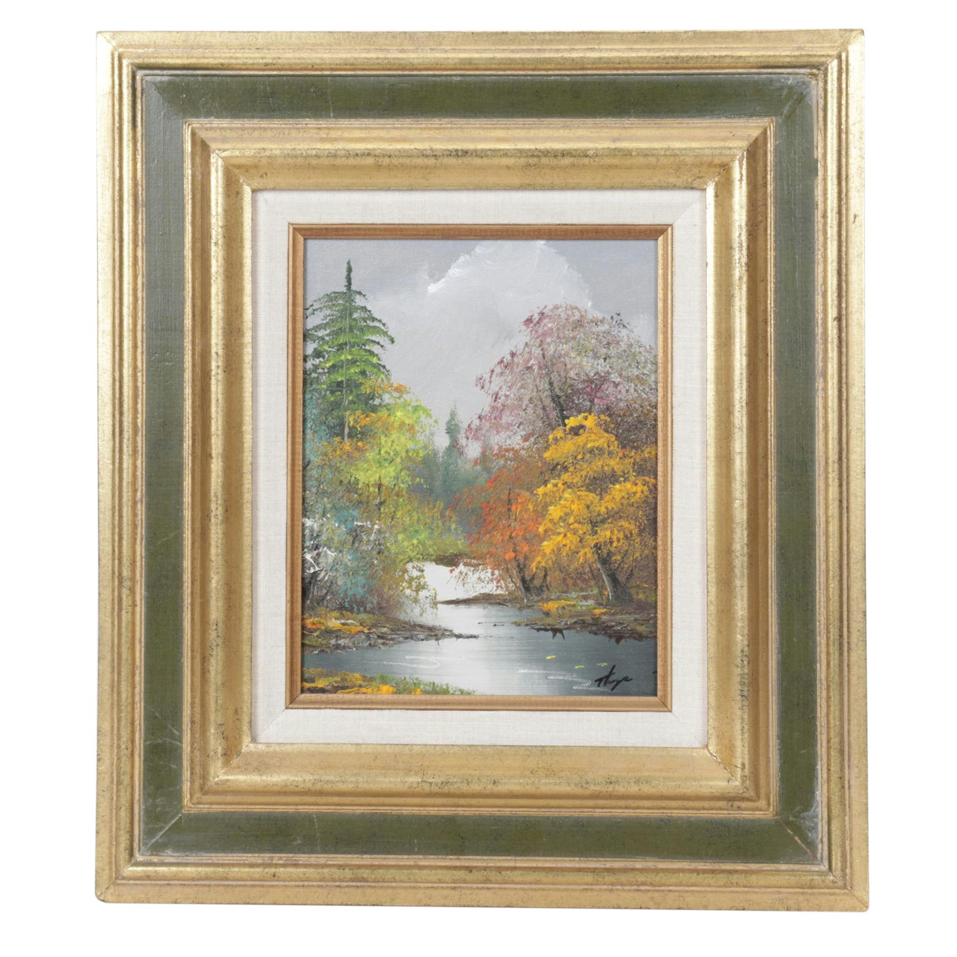 Thompson Impressionist Oil Painting of Autumn Trees on River, Late 20th Century