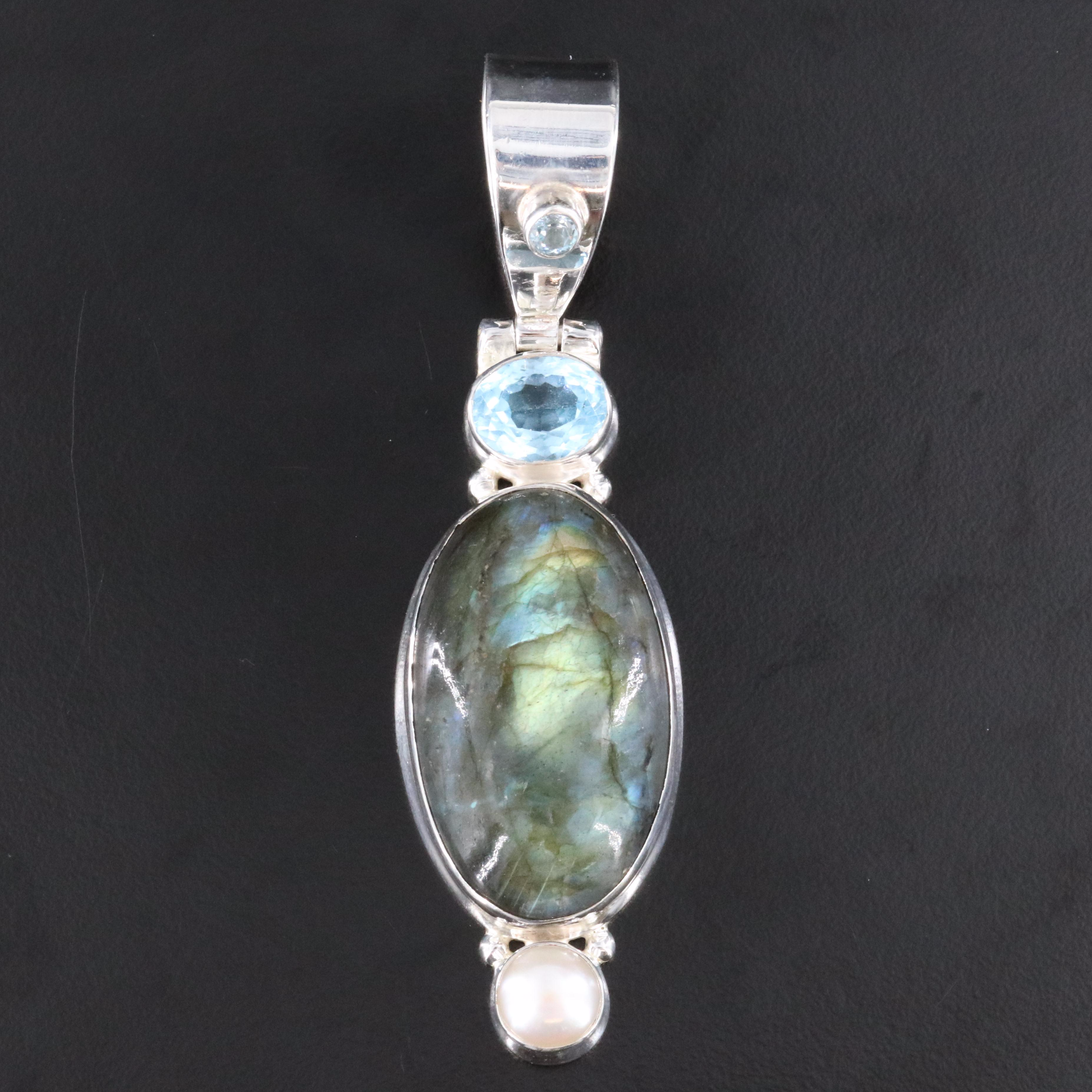 Sterling Labradorite, Blue Topaz and Pearl Pendant
