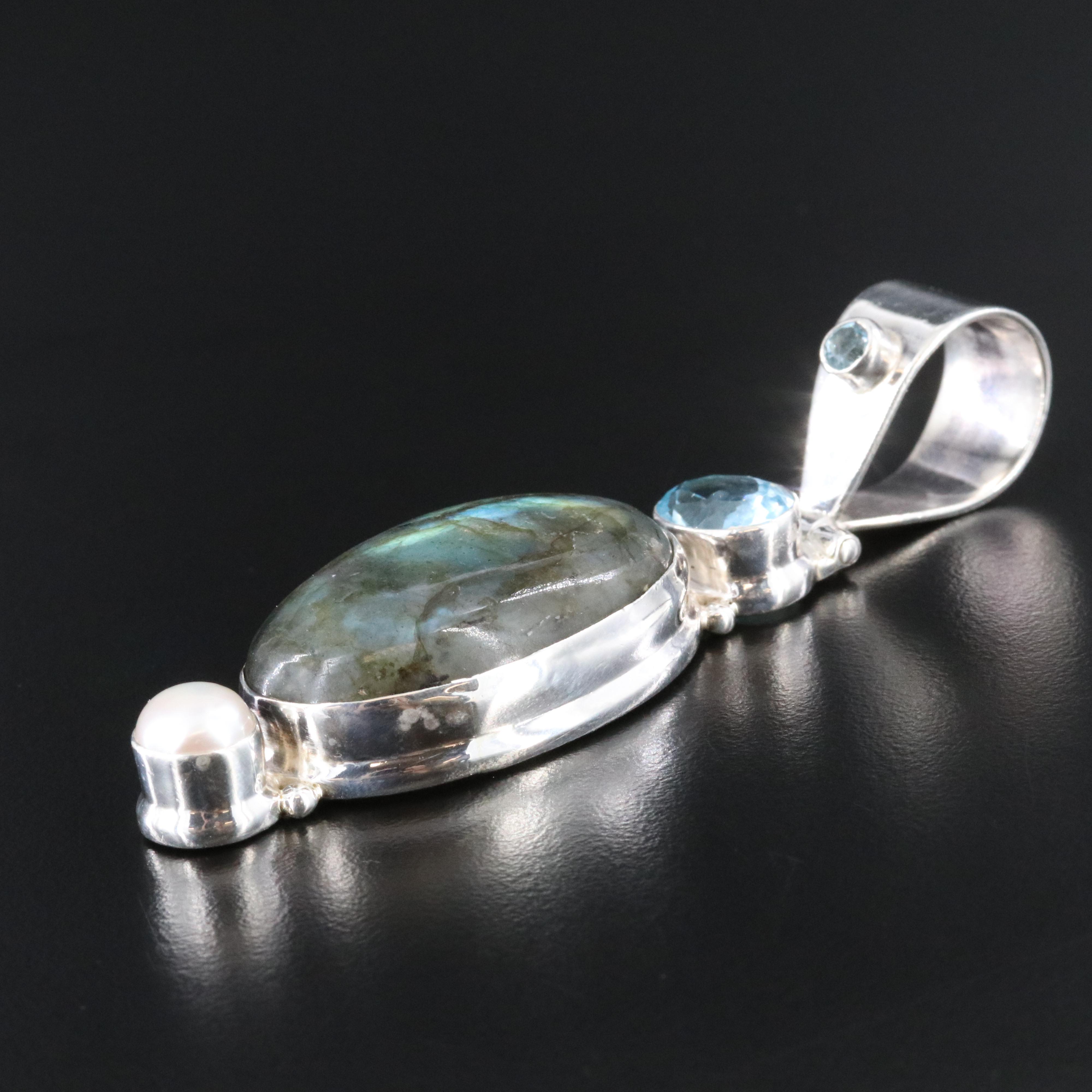 Sterling Labradorite, Blue Topaz and Pearl Pendant