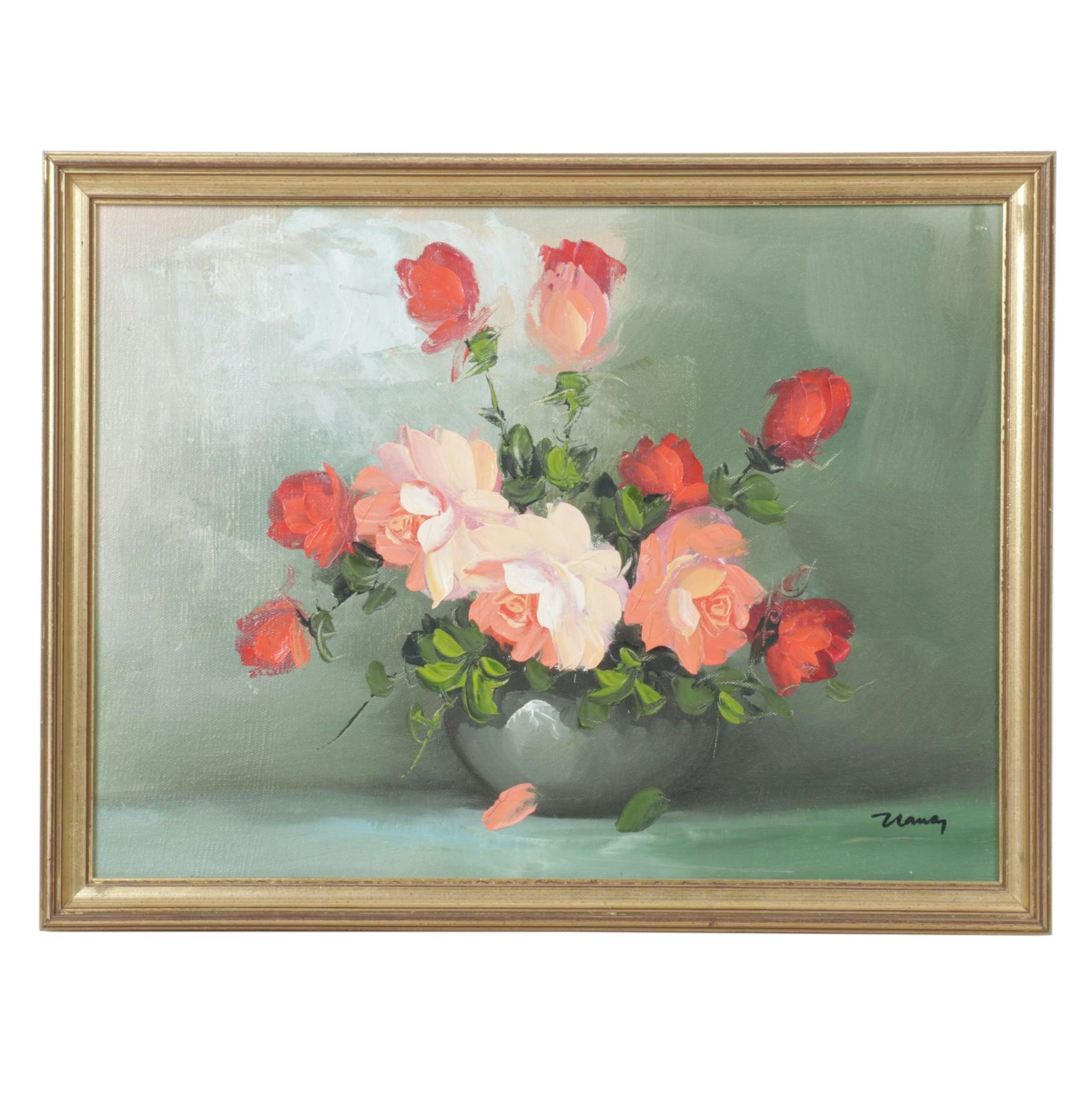 Vaney Floral Still Life Oil Painting, Late 20th Century