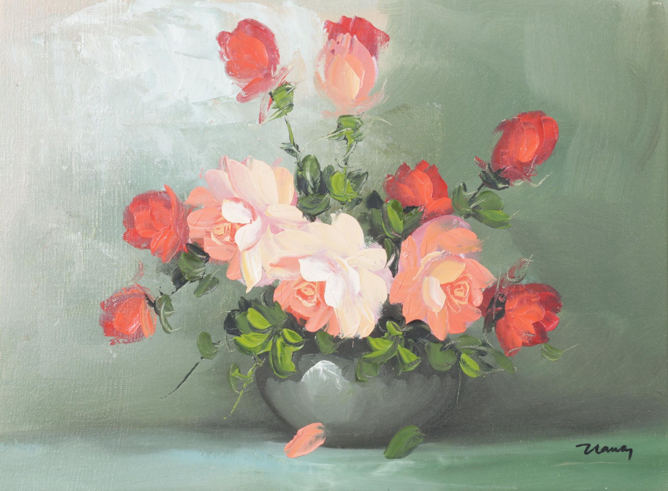 Vaney Floral Still Life Oil Painting, Late 20th Century