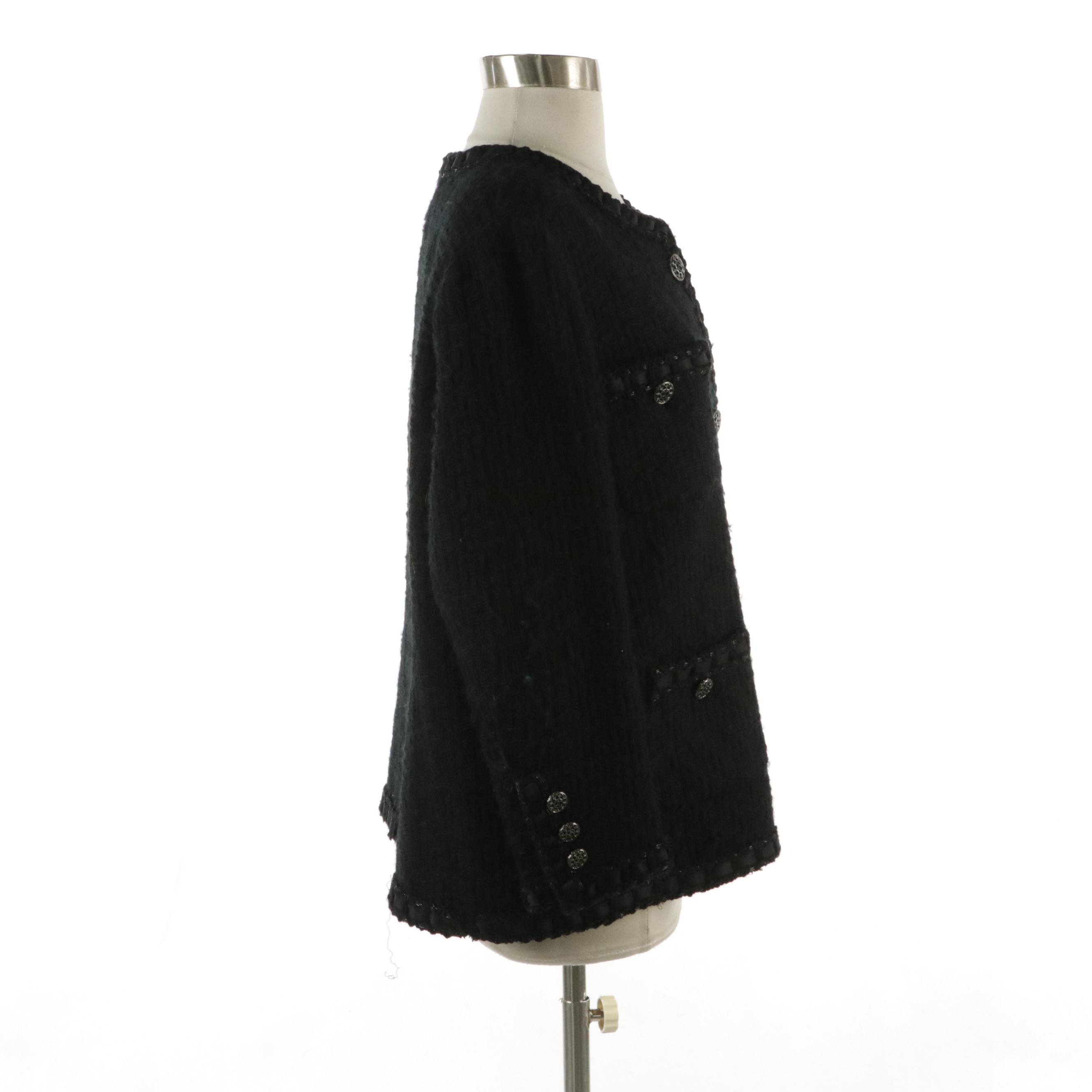 Chanel Black Tweed Button-Front Jacket with Interwoven Silk Ribbon