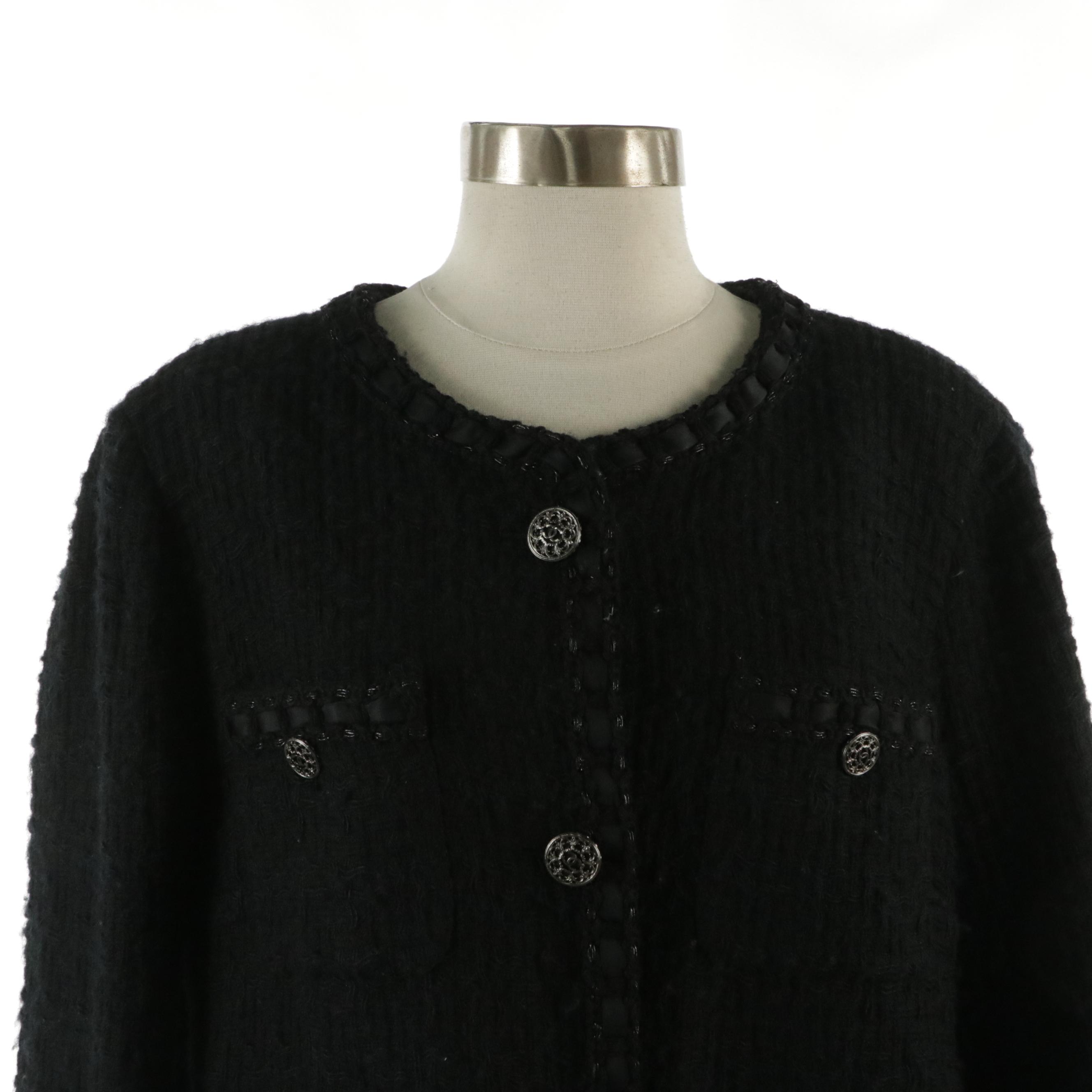 Chanel Black Tweed Button-Front Jacket with Interwoven Silk Ribbon