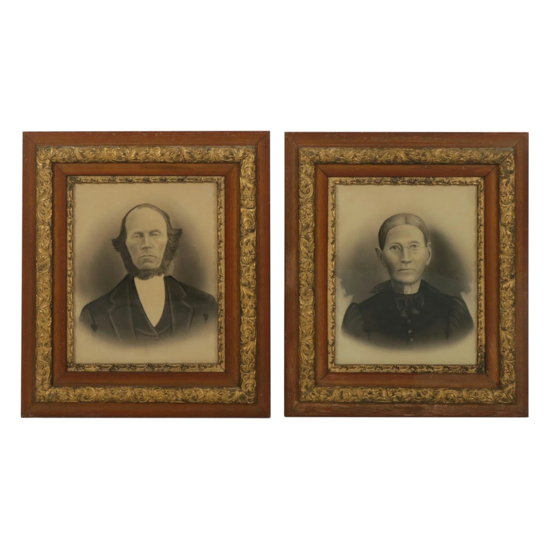 Crayon Portraits of Elderly Man and Woman, Mid to Late 19th Century