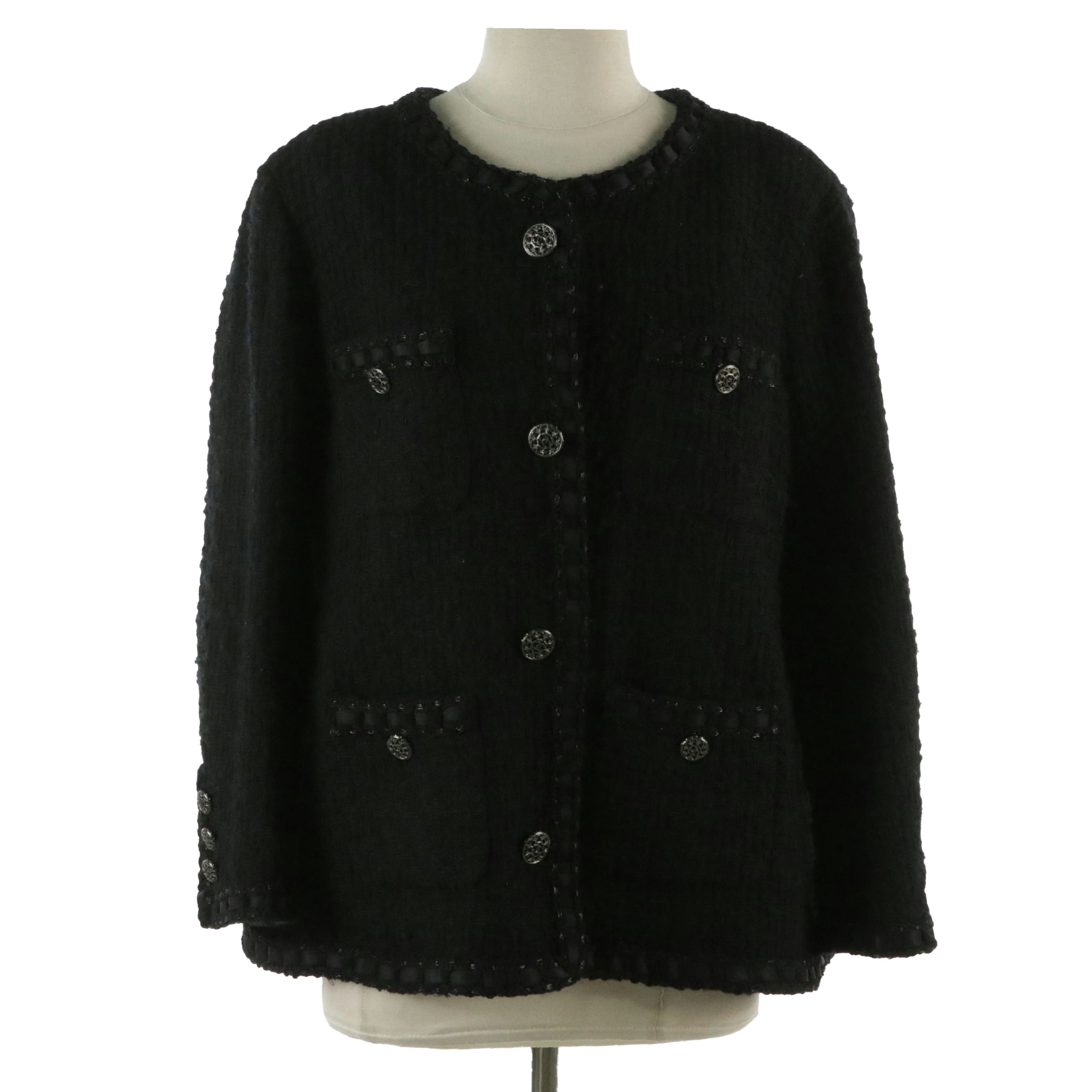 Chanel Black Tweed Button-Front Jacket with Interwoven Silk Ribbon