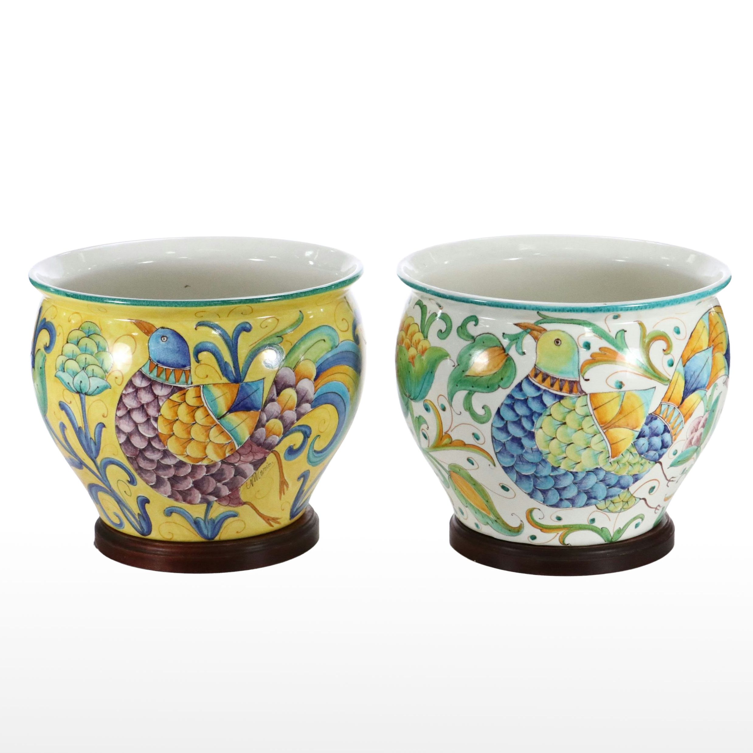 Italian Majolica Planters on Wooden Bases