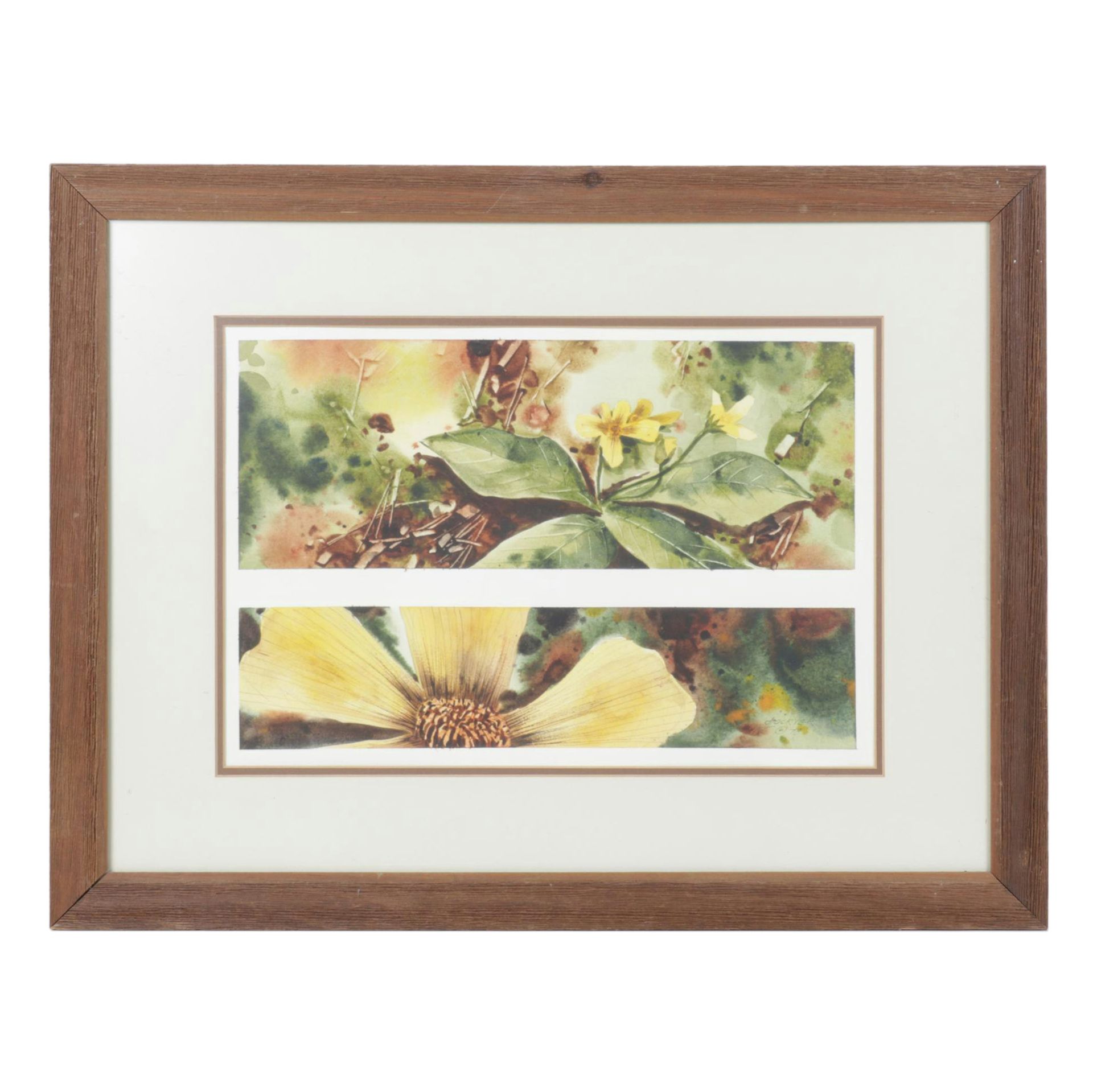 Lockyer Earth-Toned Botanical Watercolor Painting of Golden Wildflowers, 1978