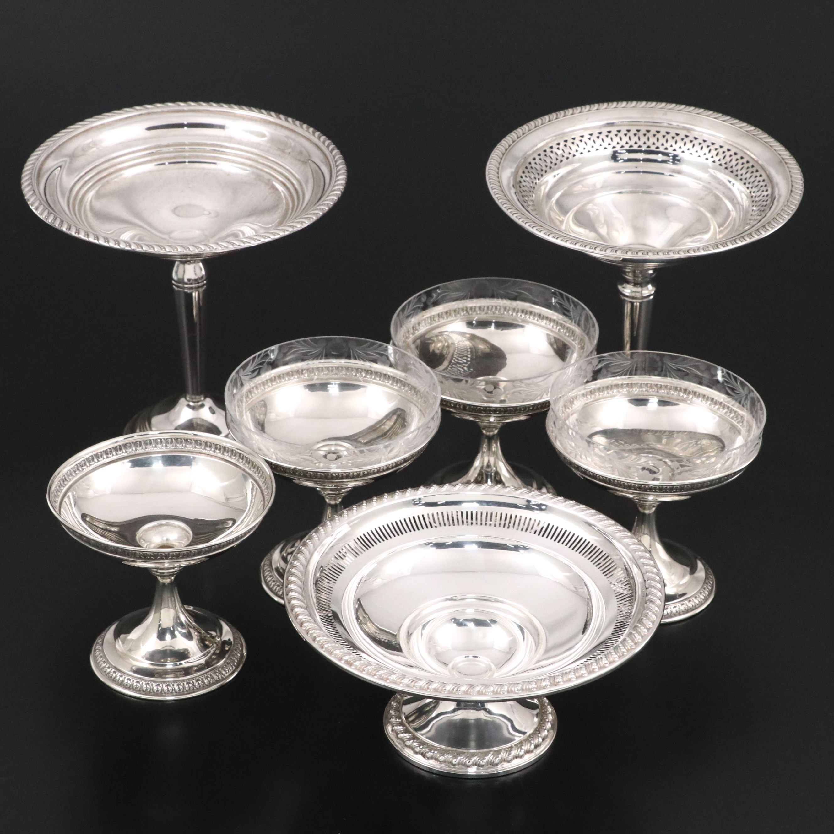 Etched Glass and Sterling Champagne Coupes with Sterling Compotes, 20th C.