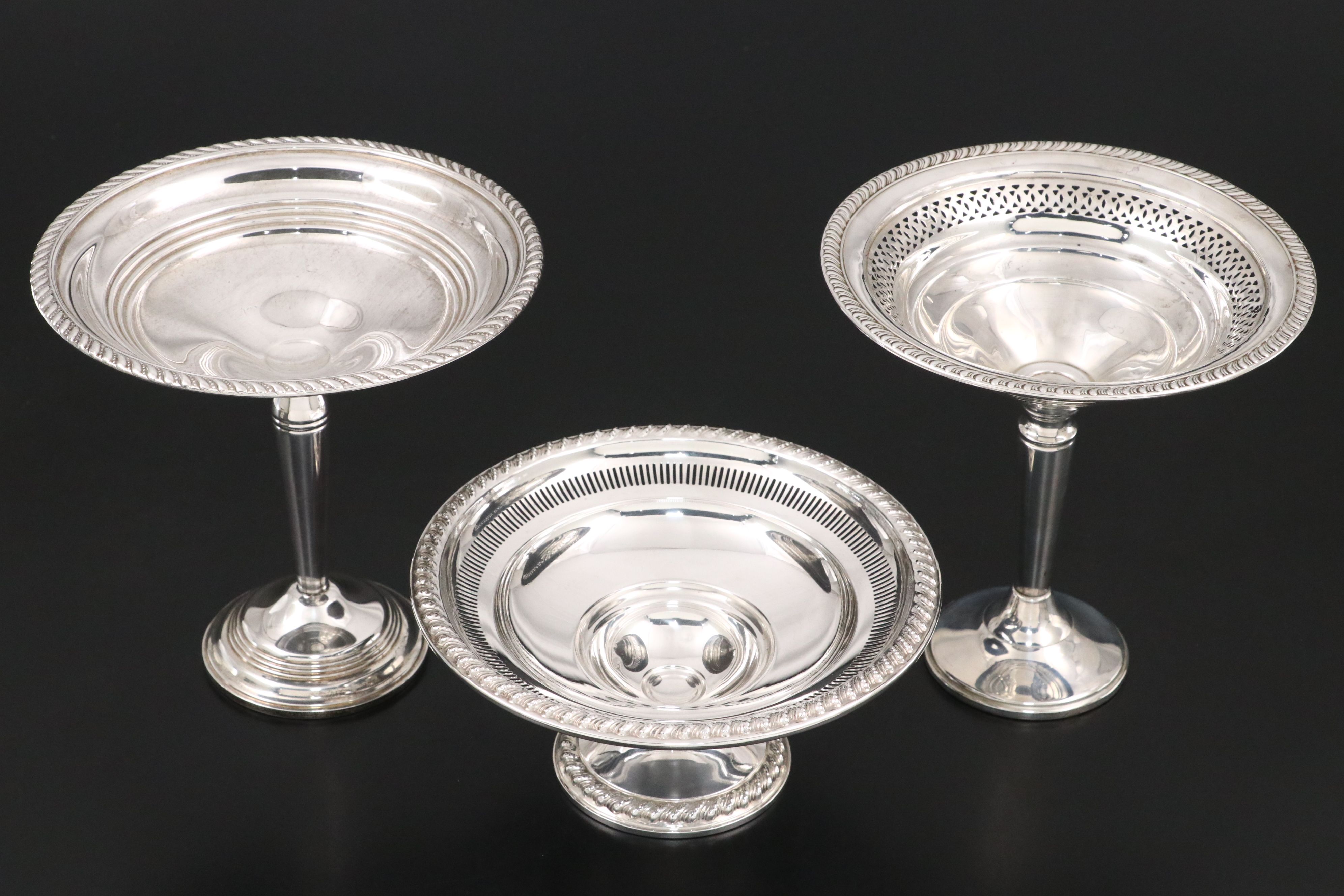 Etched Glass and Sterling Champagne Coupes with Sterling Compotes, 20th C.