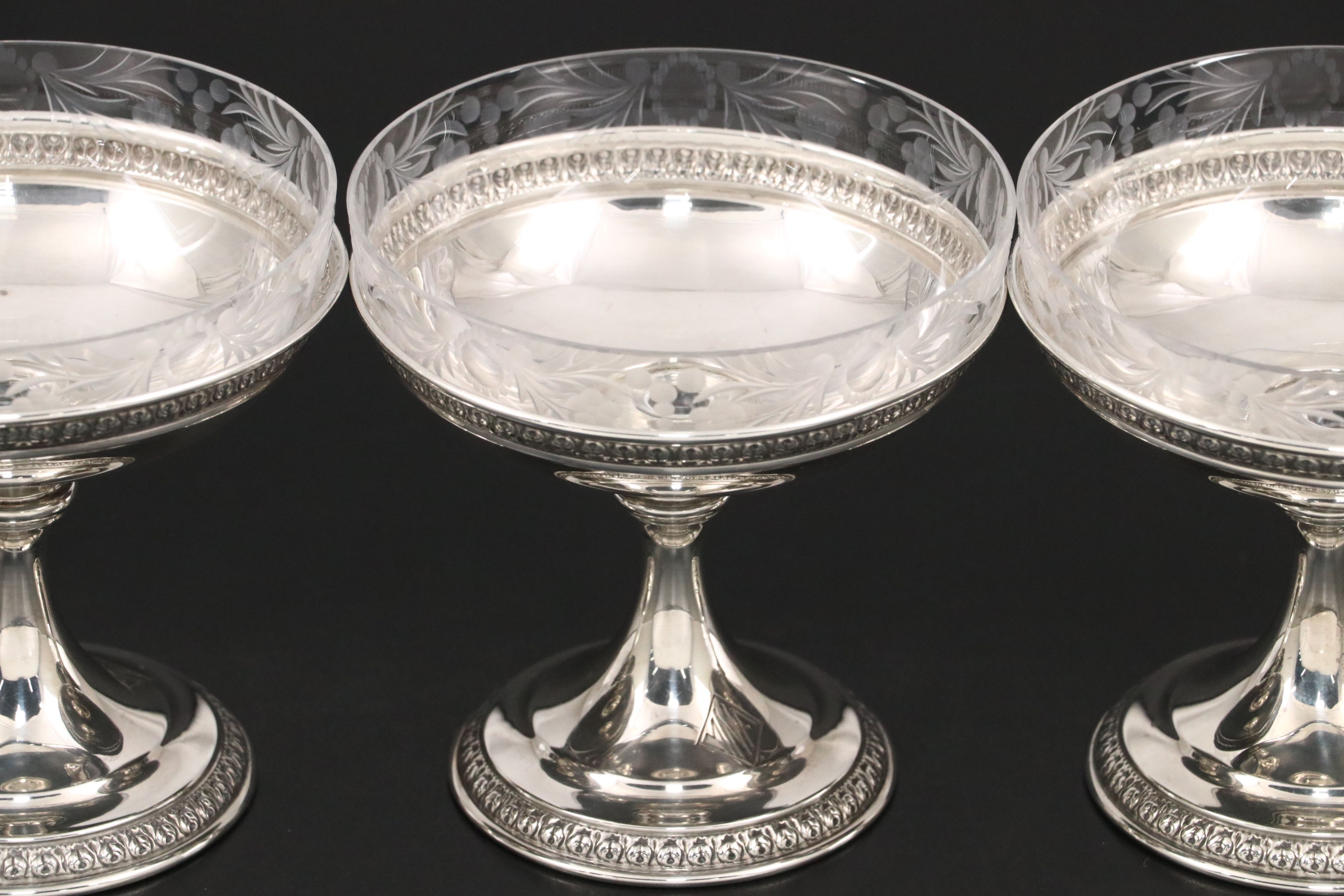 Etched Glass and Sterling Champagne Coupes with Sterling Compotes, 20th C.