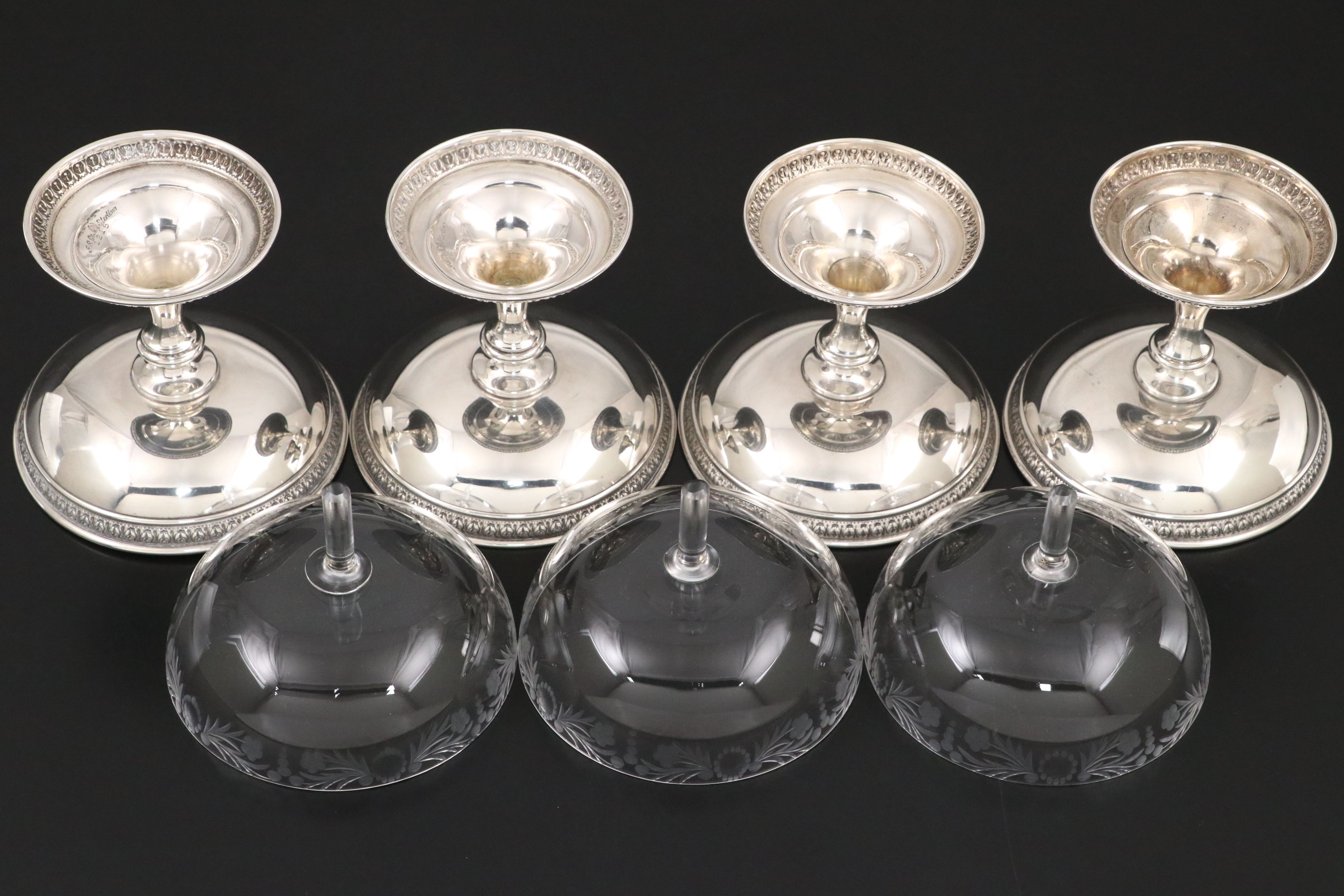 Etched Glass and Sterling Champagne Coupes with Sterling Compotes, 20th C.