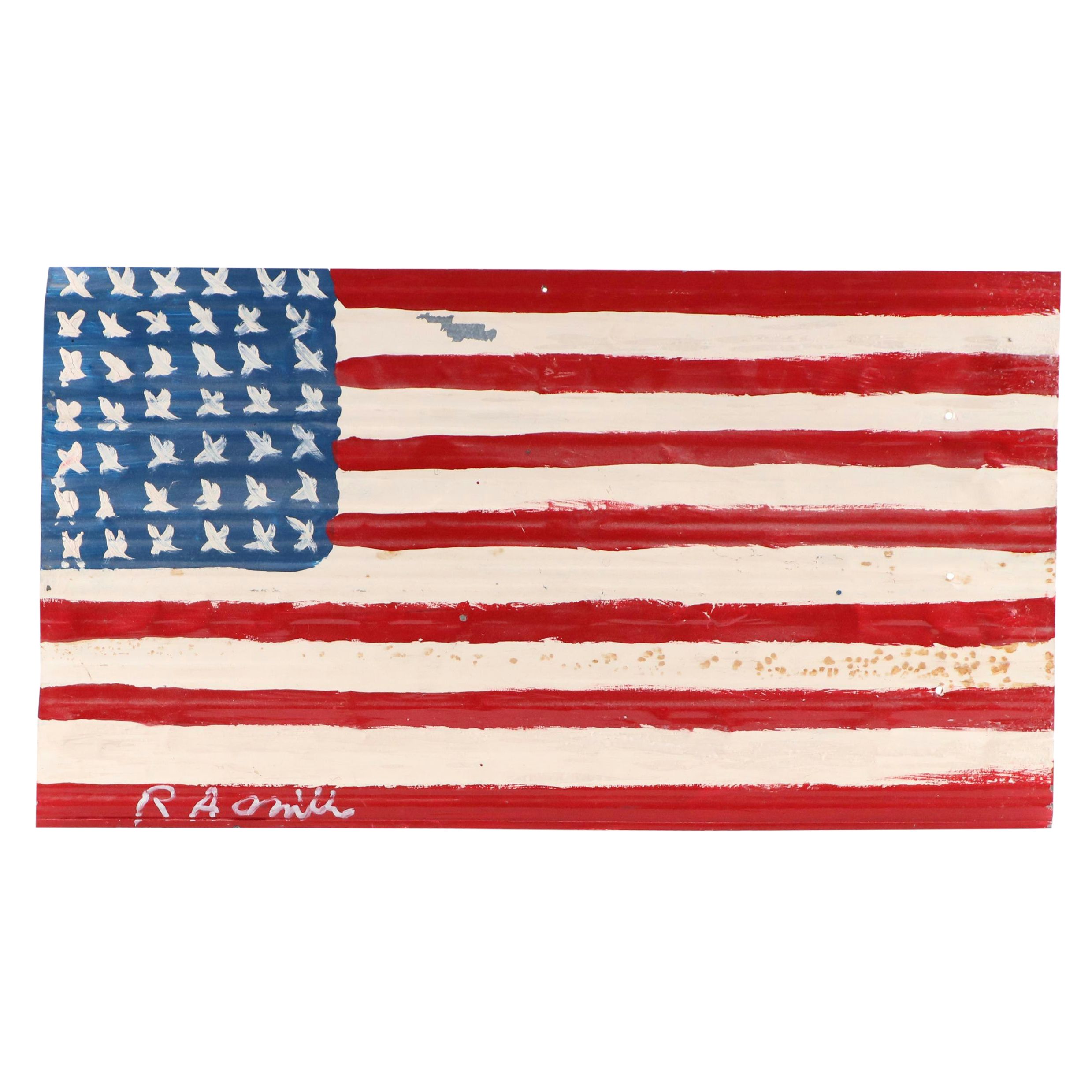 R.A. Miller Folk Art Painting on Metal of American Flag