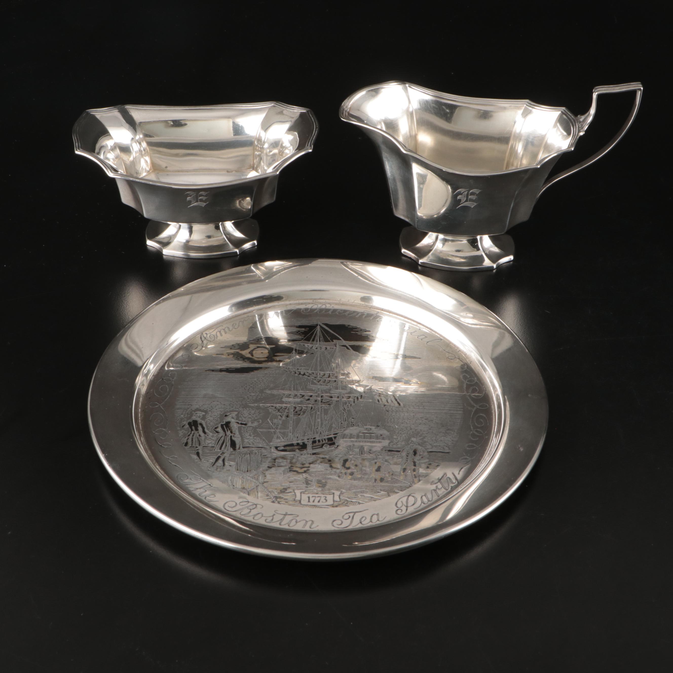 Danbury Mint Sterling Boston Tea Party Plate with Wallace Creamer and Sugar