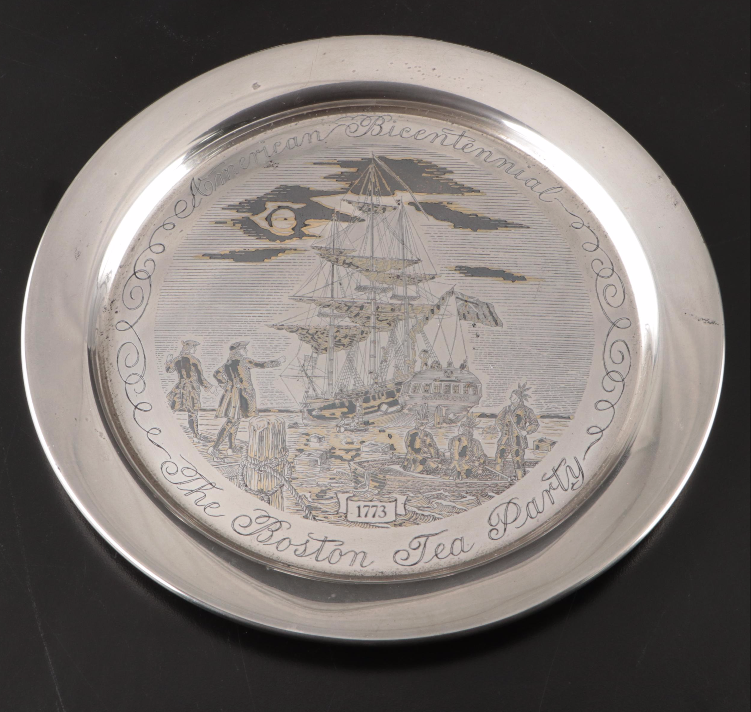 Danbury Mint Sterling Boston Tea Party Plate with Wallace Creamer and Sugar