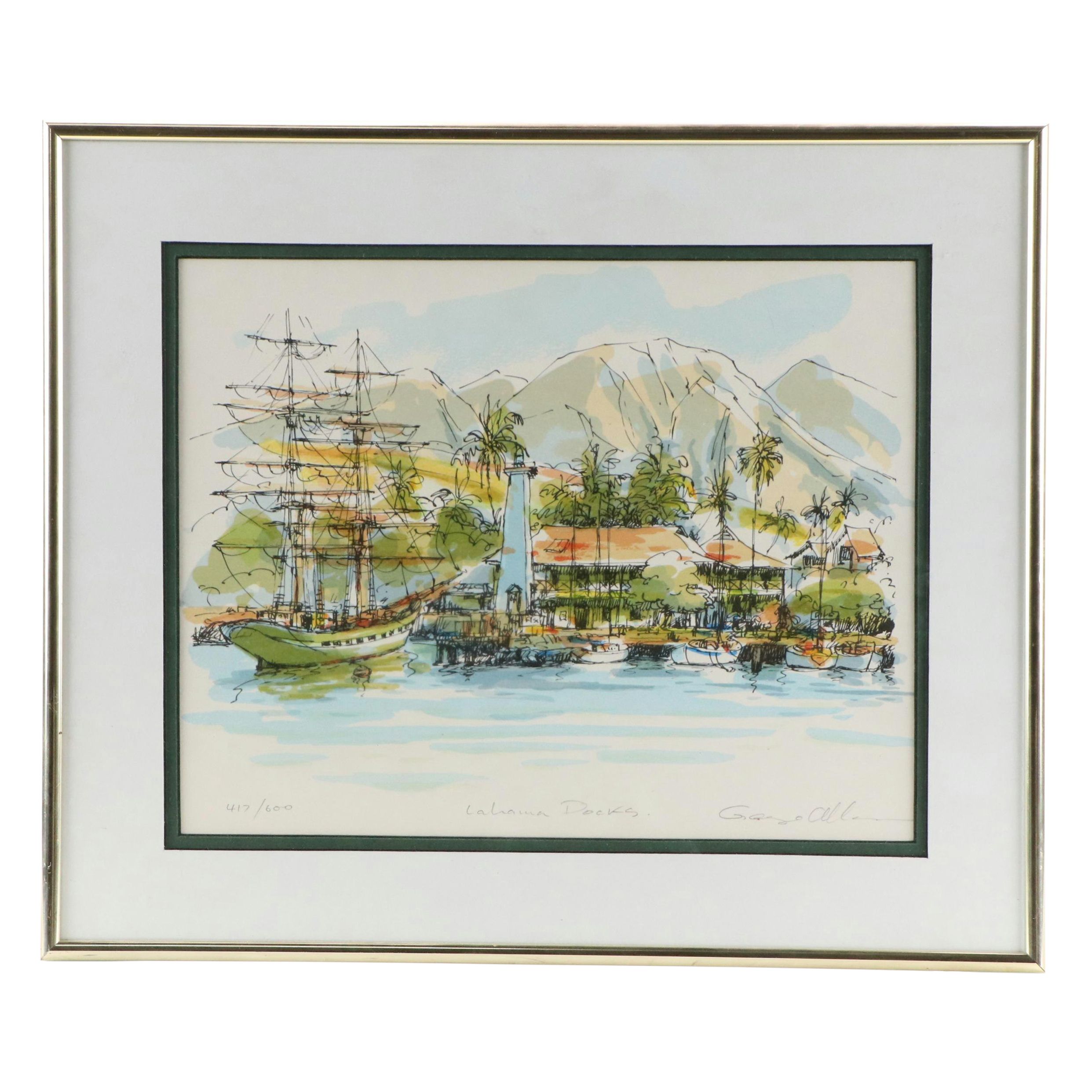 Dock Scene Lithograph, Late 20th Century