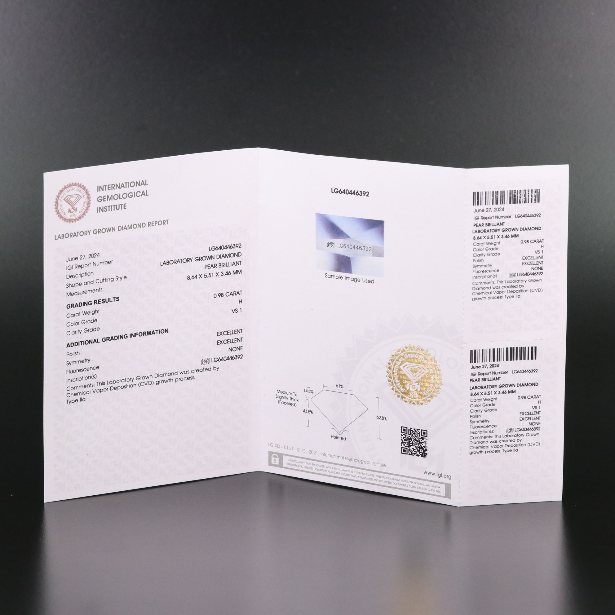 Loose 0.98 CT Lab Grown Diamond with IGI Report