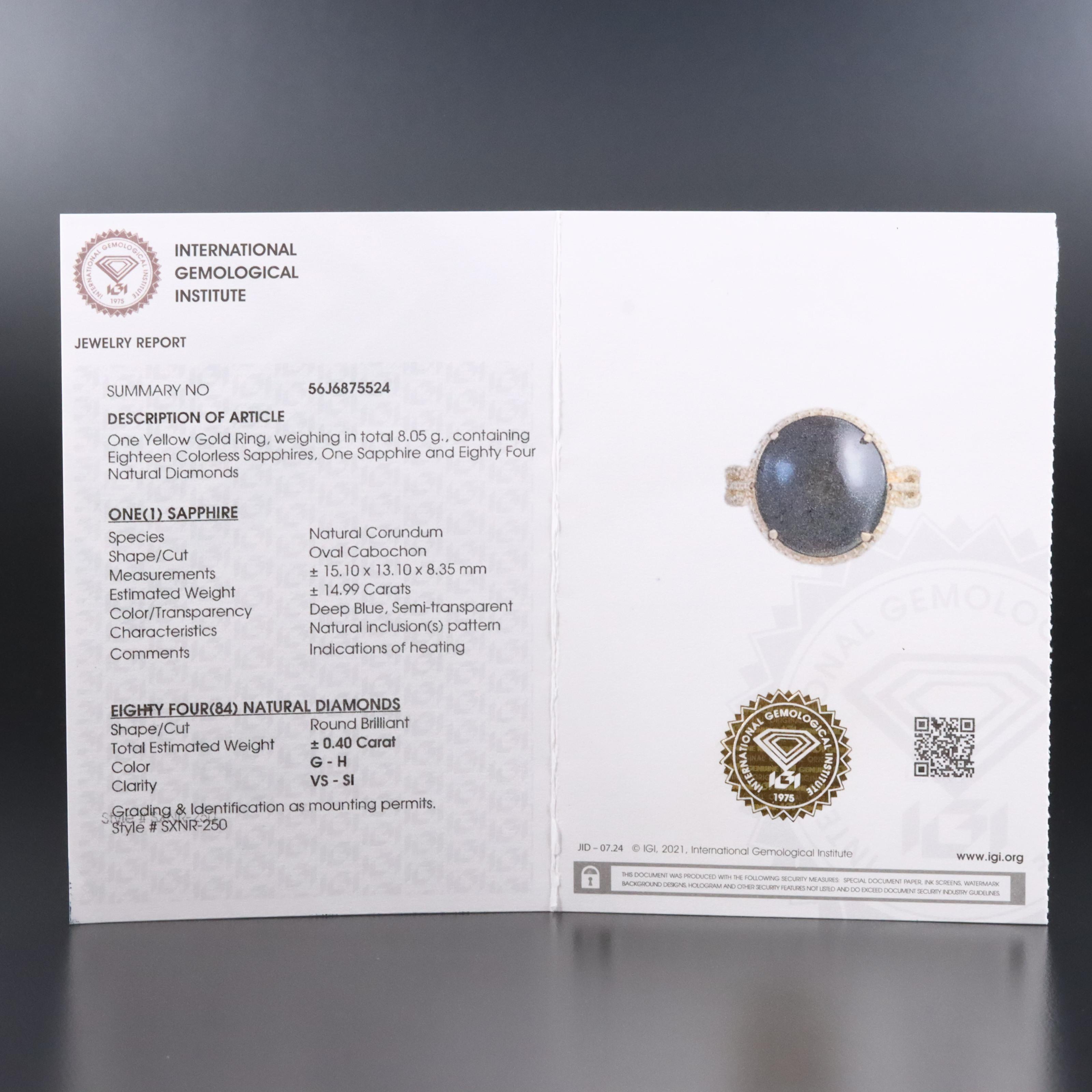 14K 14.99 CT Sapphire and Diamond Ring with IGI Report