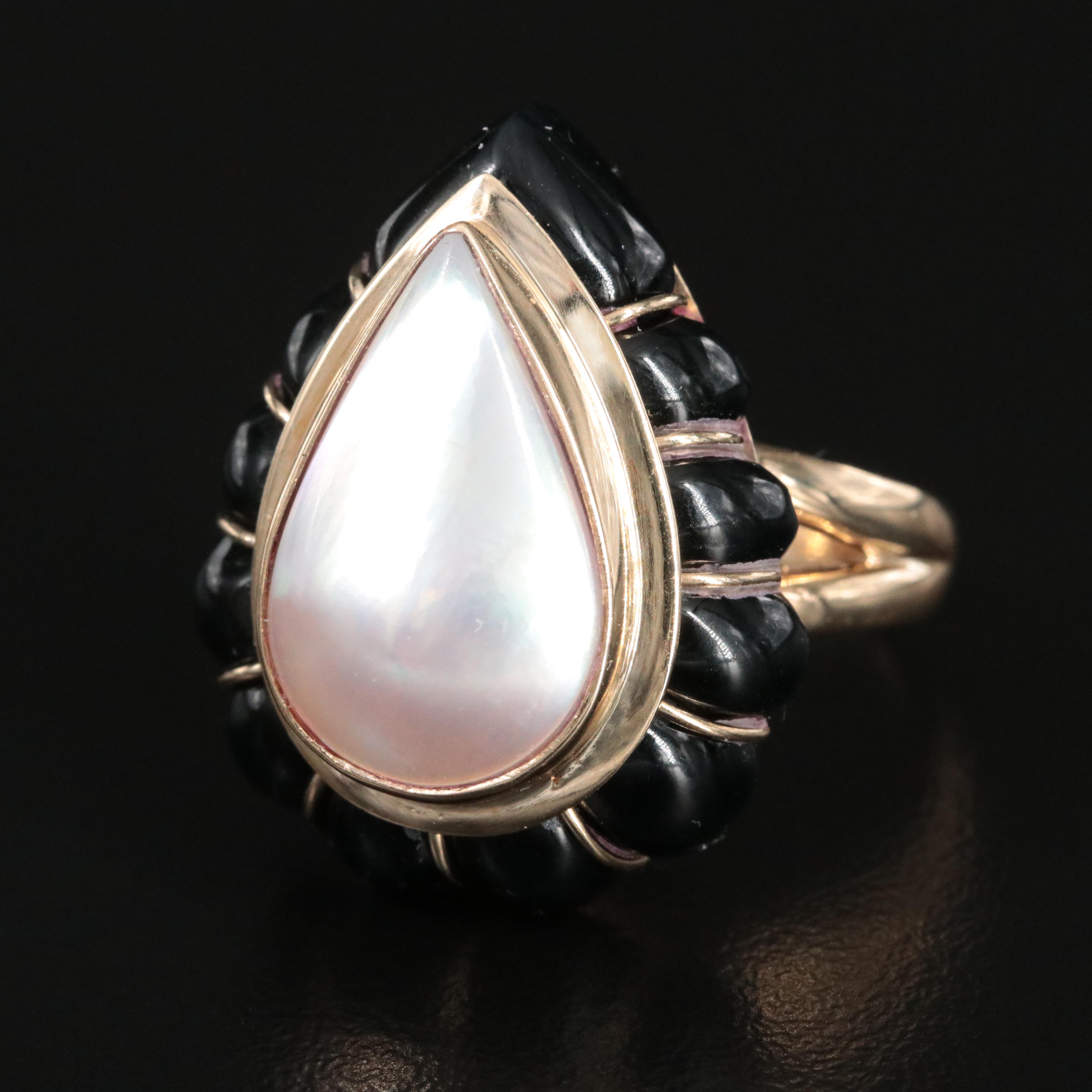 14K Pearl and Faux Black Onyx Ring