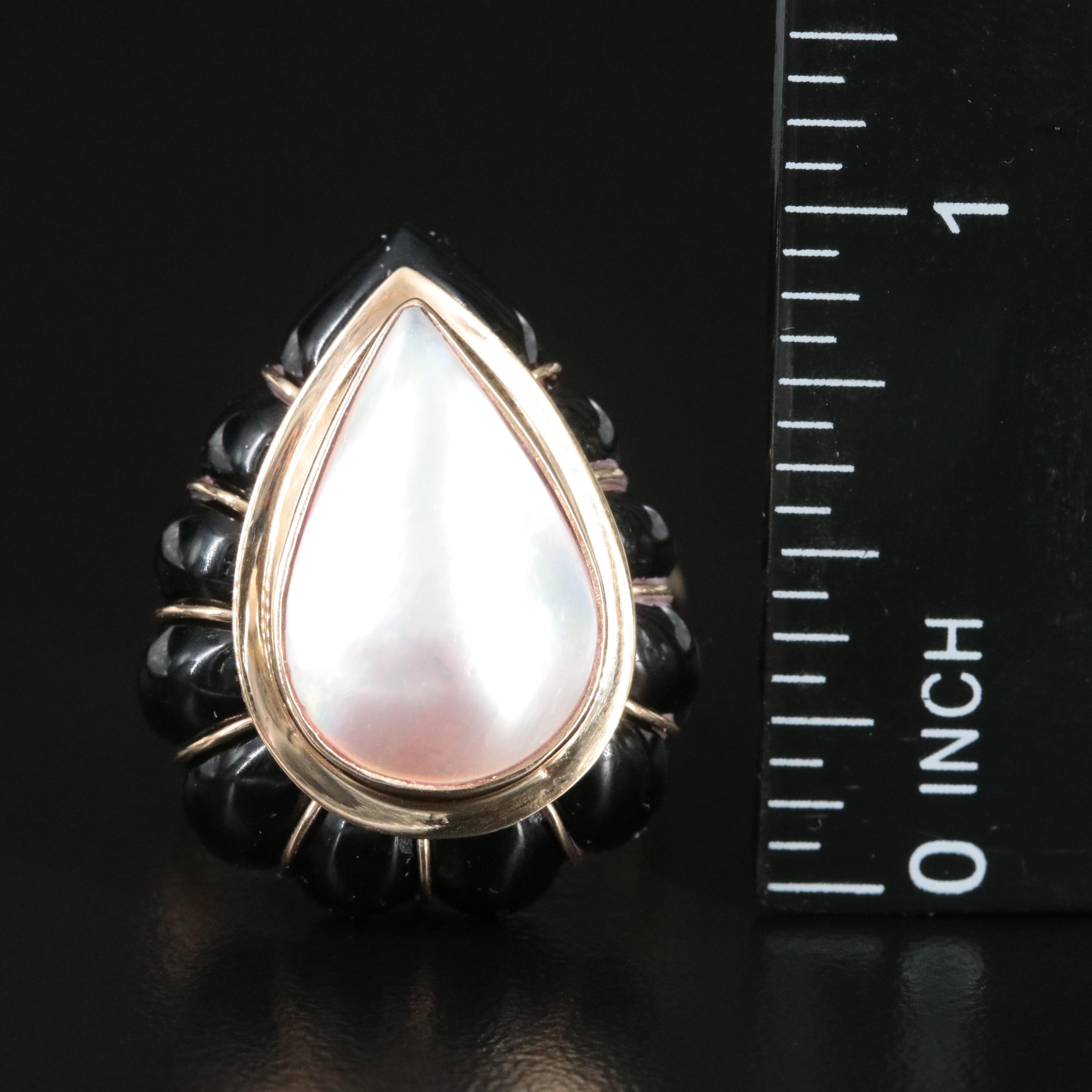 14K Pearl and Faux Black Onyx Ring