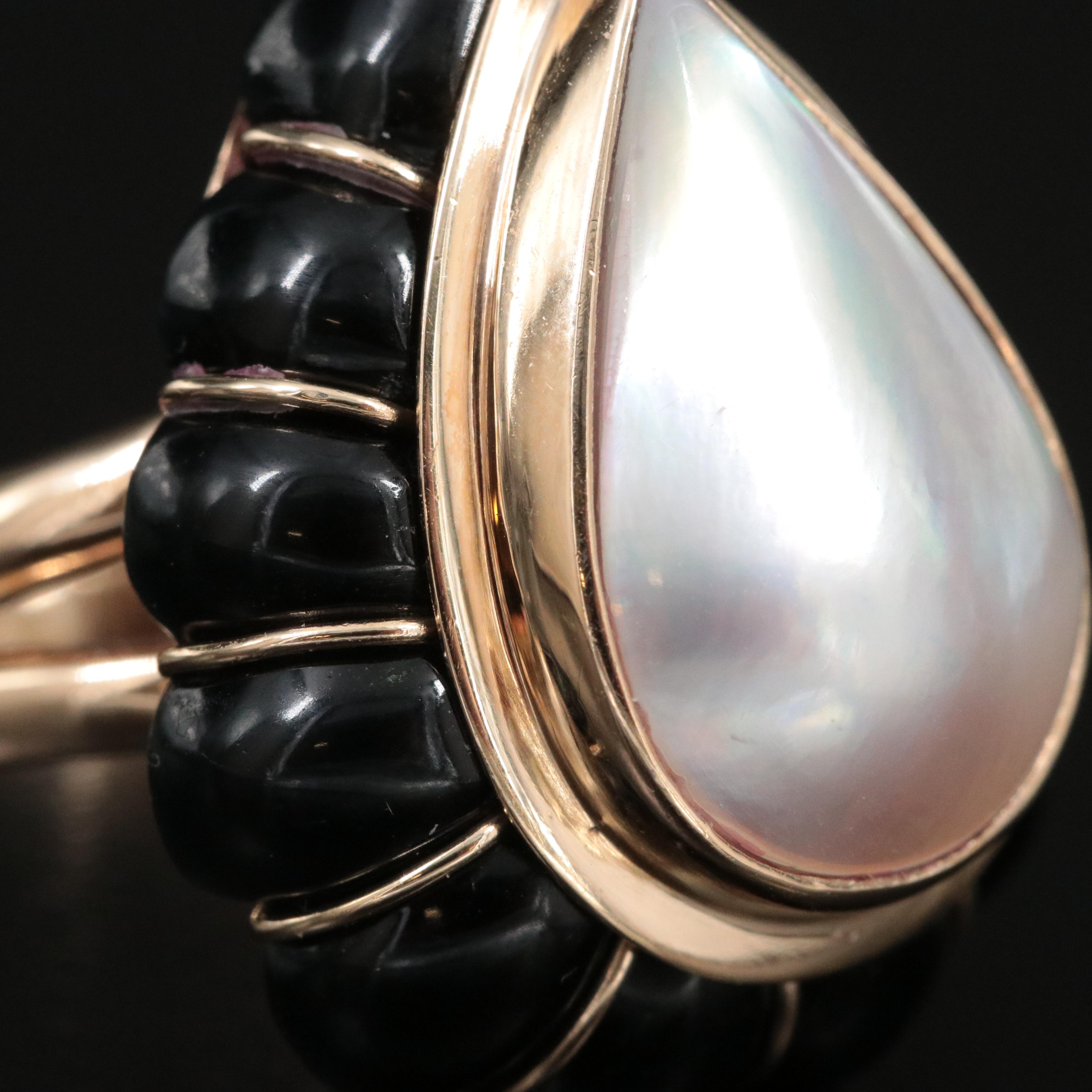 14K Pearl and Faux Black Onyx Ring