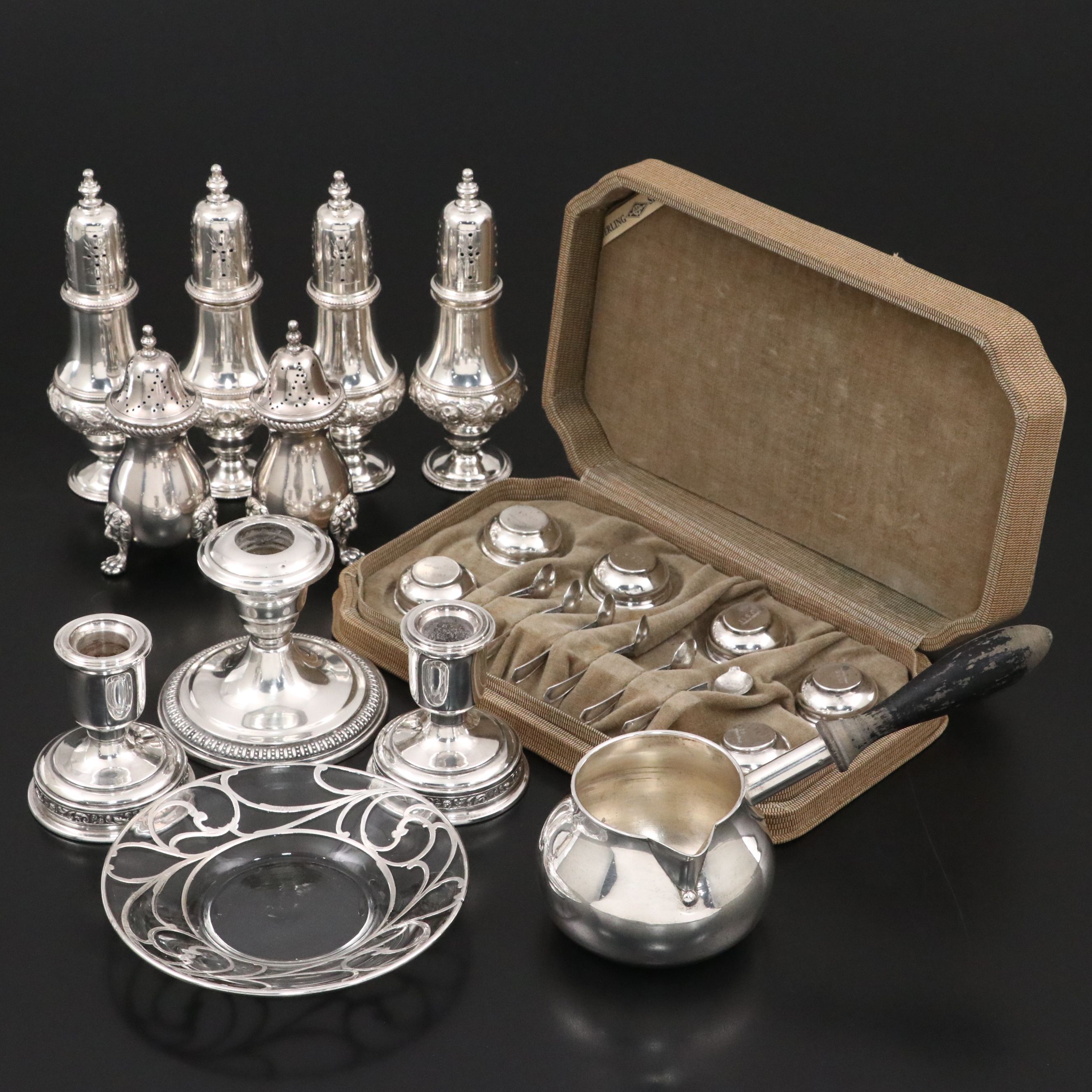 Sterling Salt Cellar and Spoons with Silver Plate Hand-Chased Shakers and More