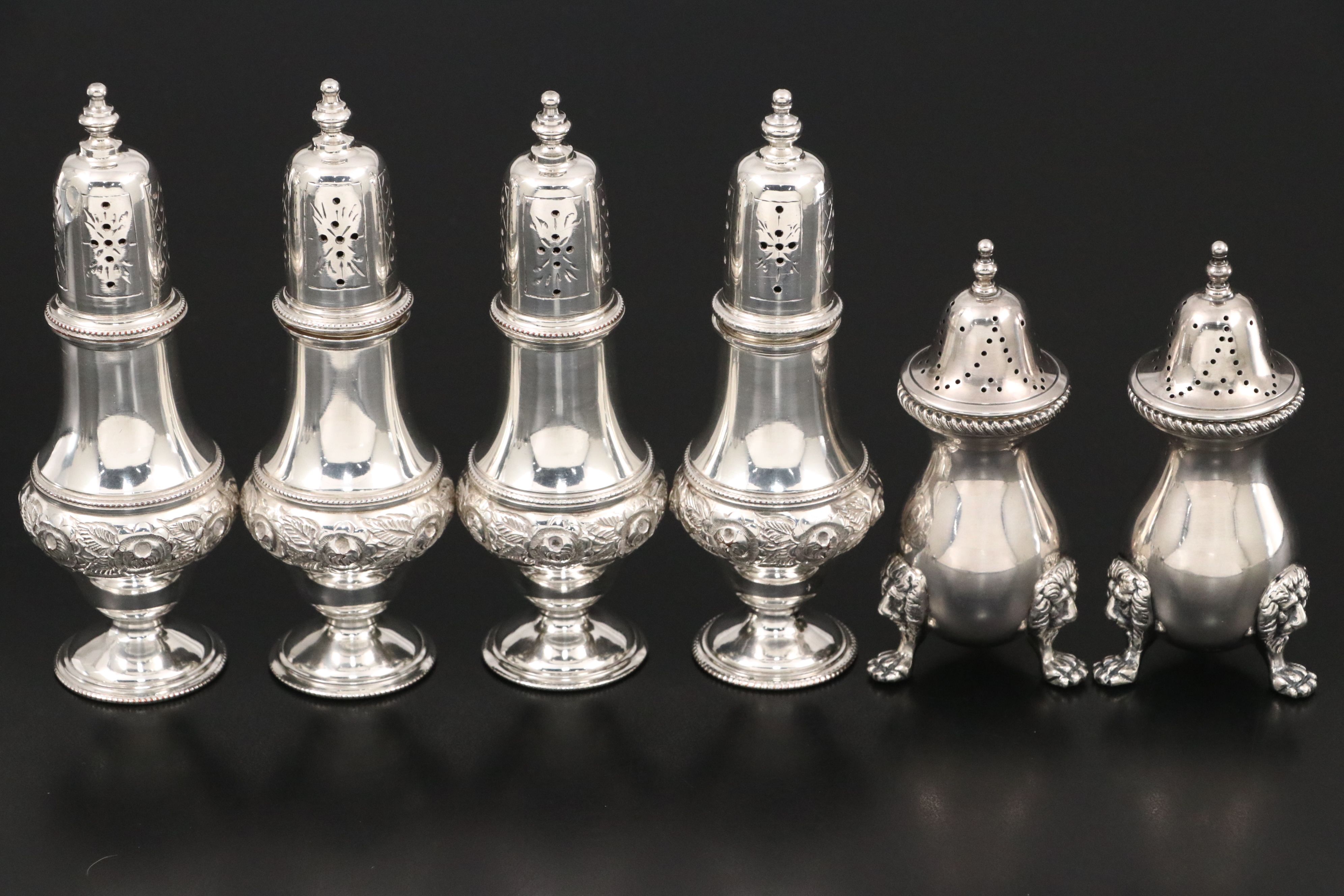 Sterling Salt Cellar and Spoons with Silver Plate Hand-Chased Shakers and More