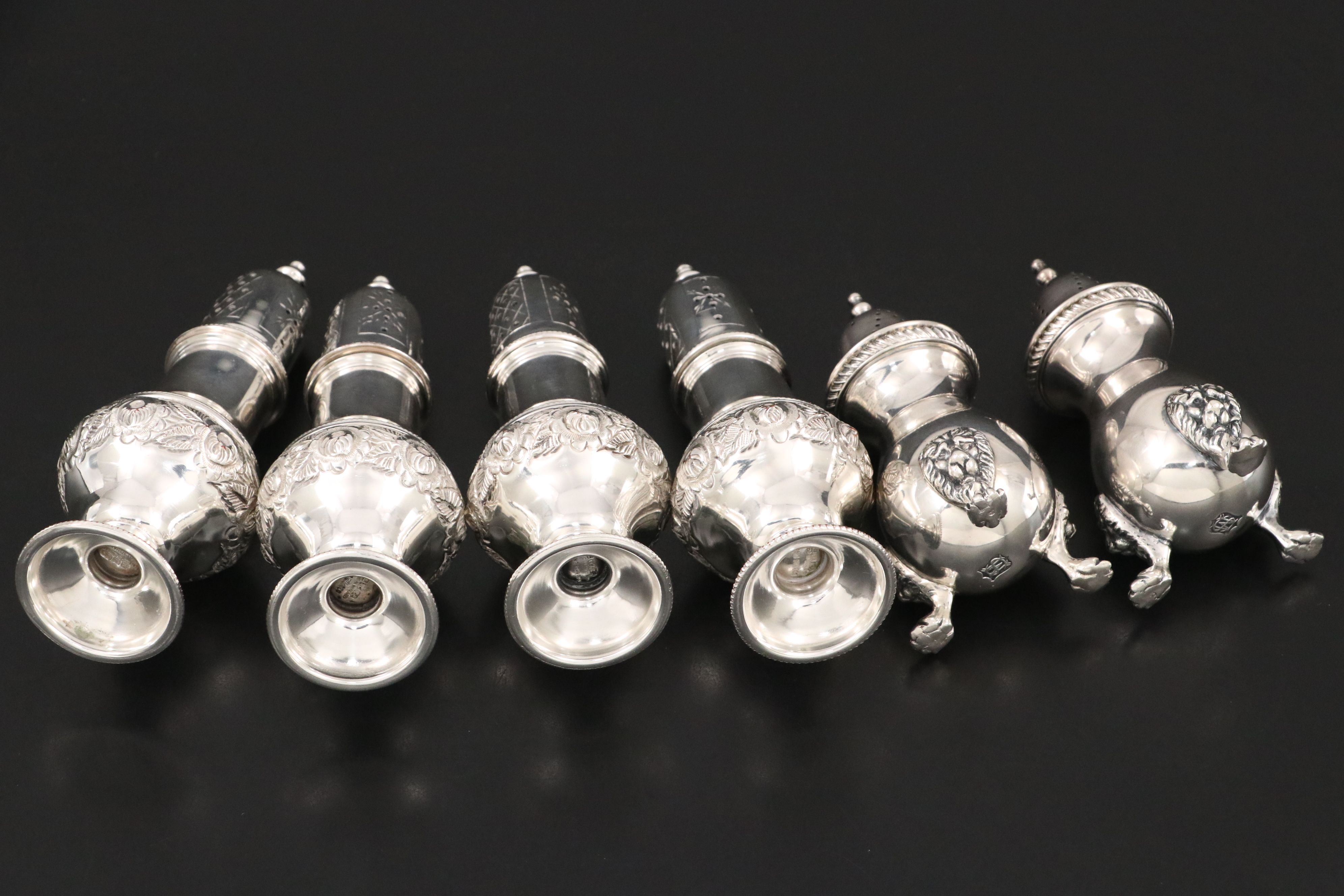 Sterling Salt Cellar and Spoons with Silver Plate Hand-Chased Shakers and More