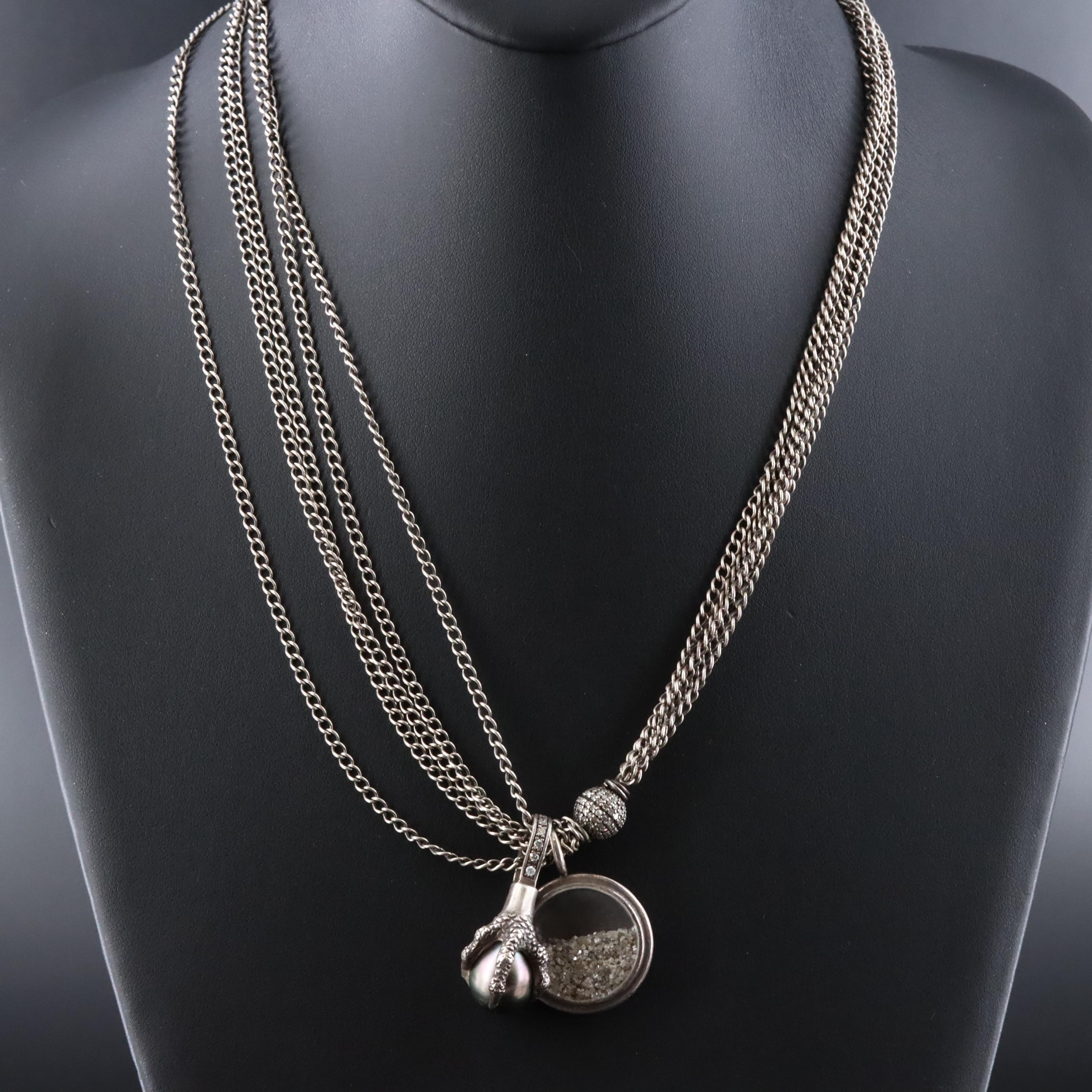 Sterling Curb Chain Diamond Necklace and Pearl Talon Enhancer Pendant