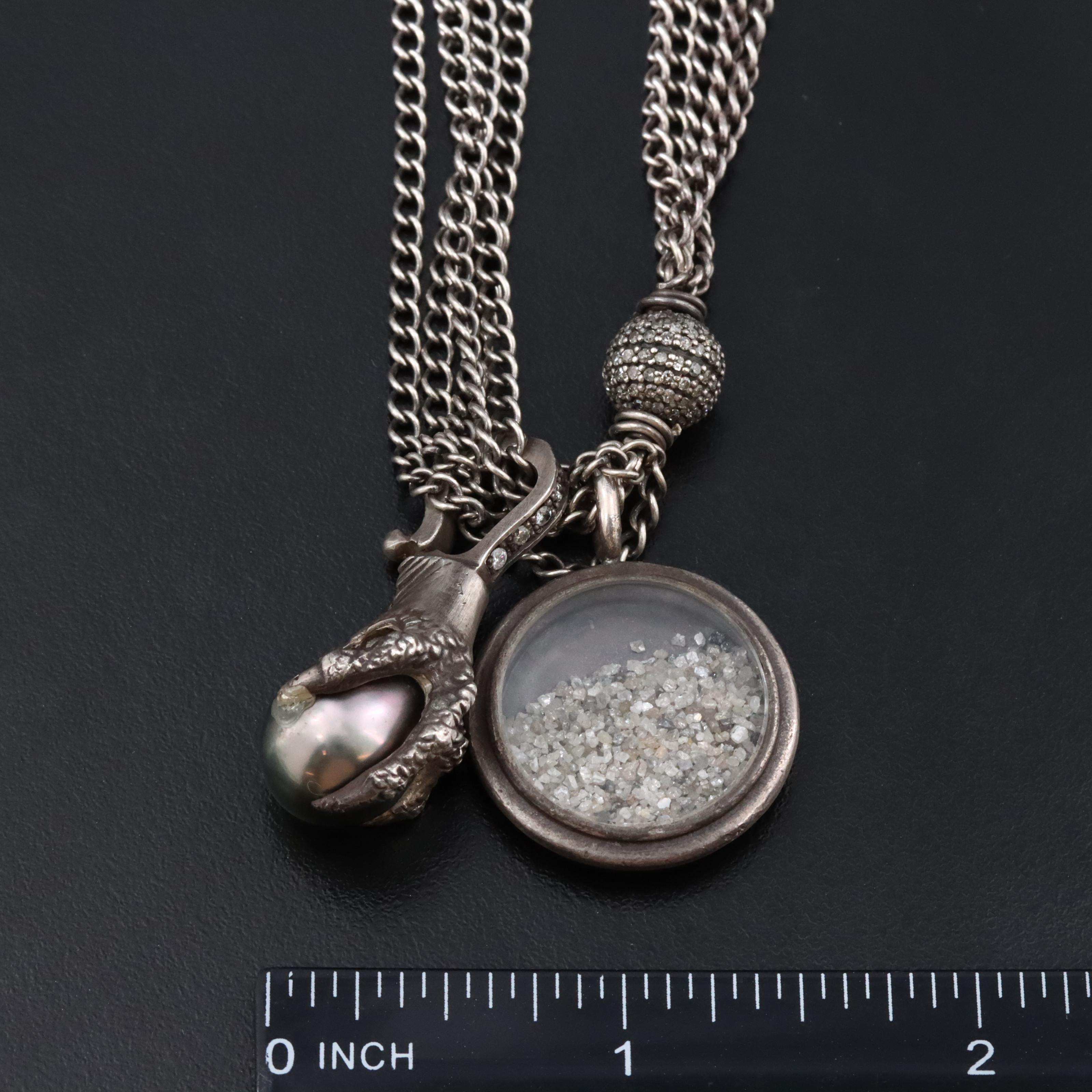 Sterling Curb Chain Diamond Necklace and Pearl Talon Enhancer Pendant