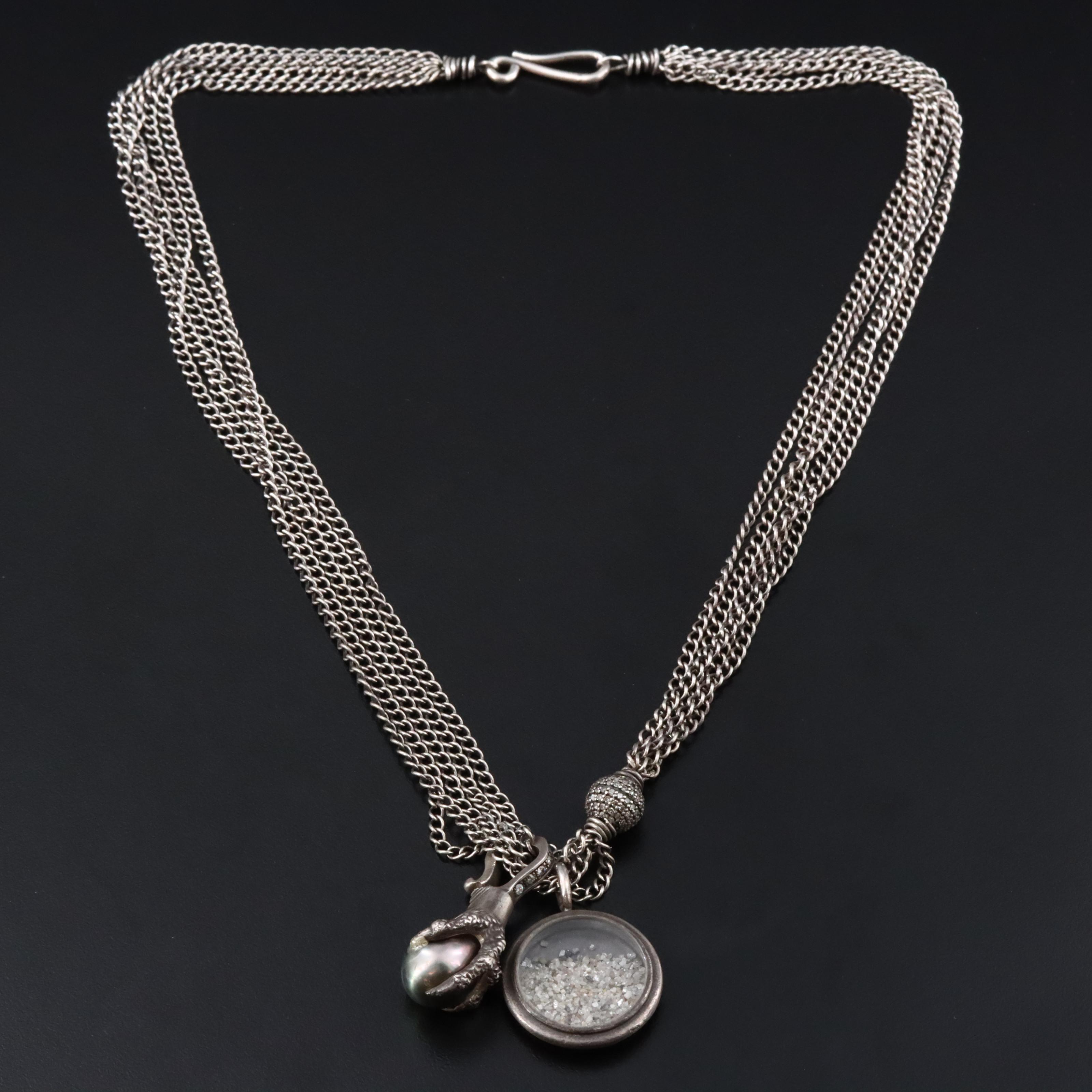 Sterling Curb Chain Diamond Necklace and Pearl Talon Enhancer Pendant