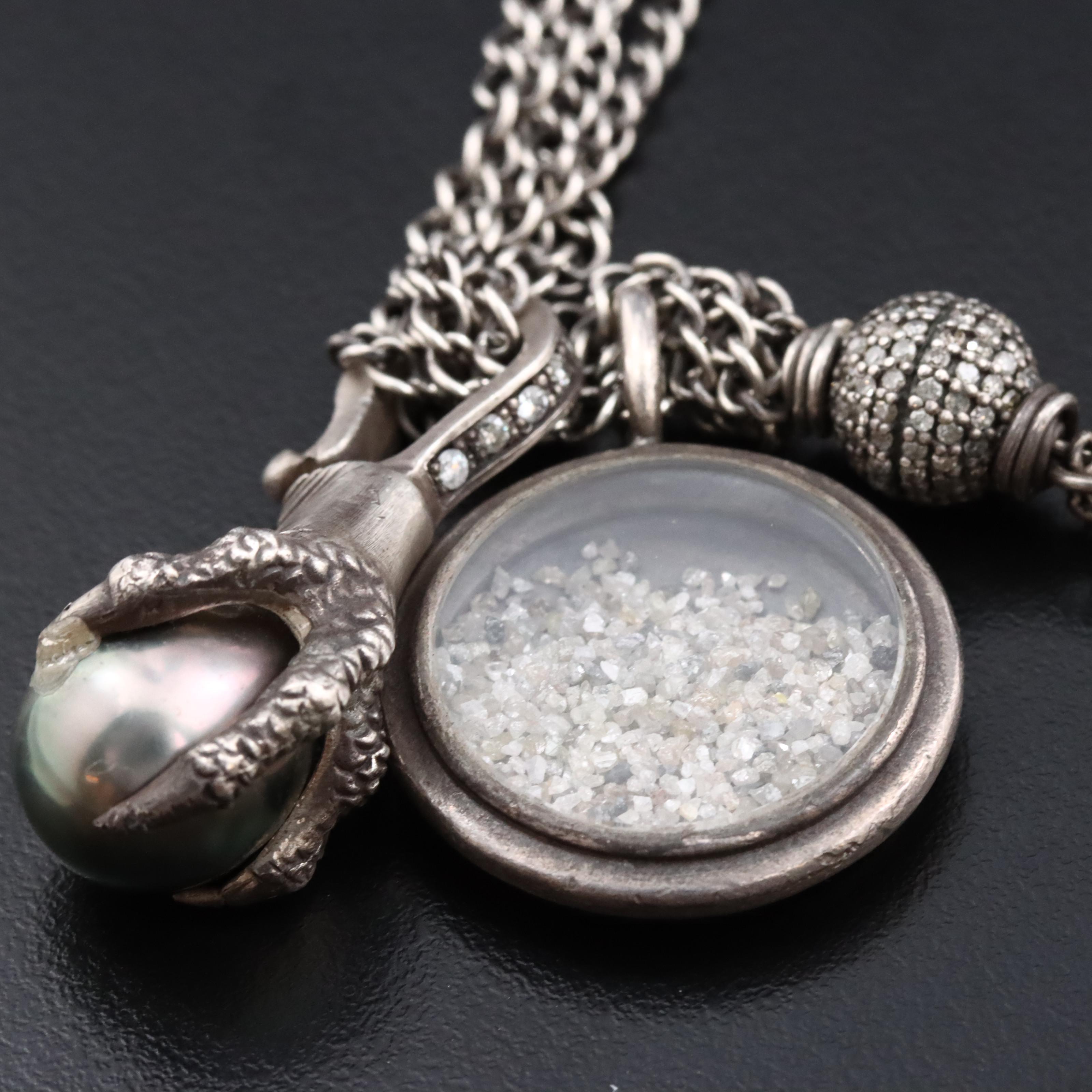 Sterling Curb Chain Diamond Necklace and Pearl Talon Enhancer Pendant