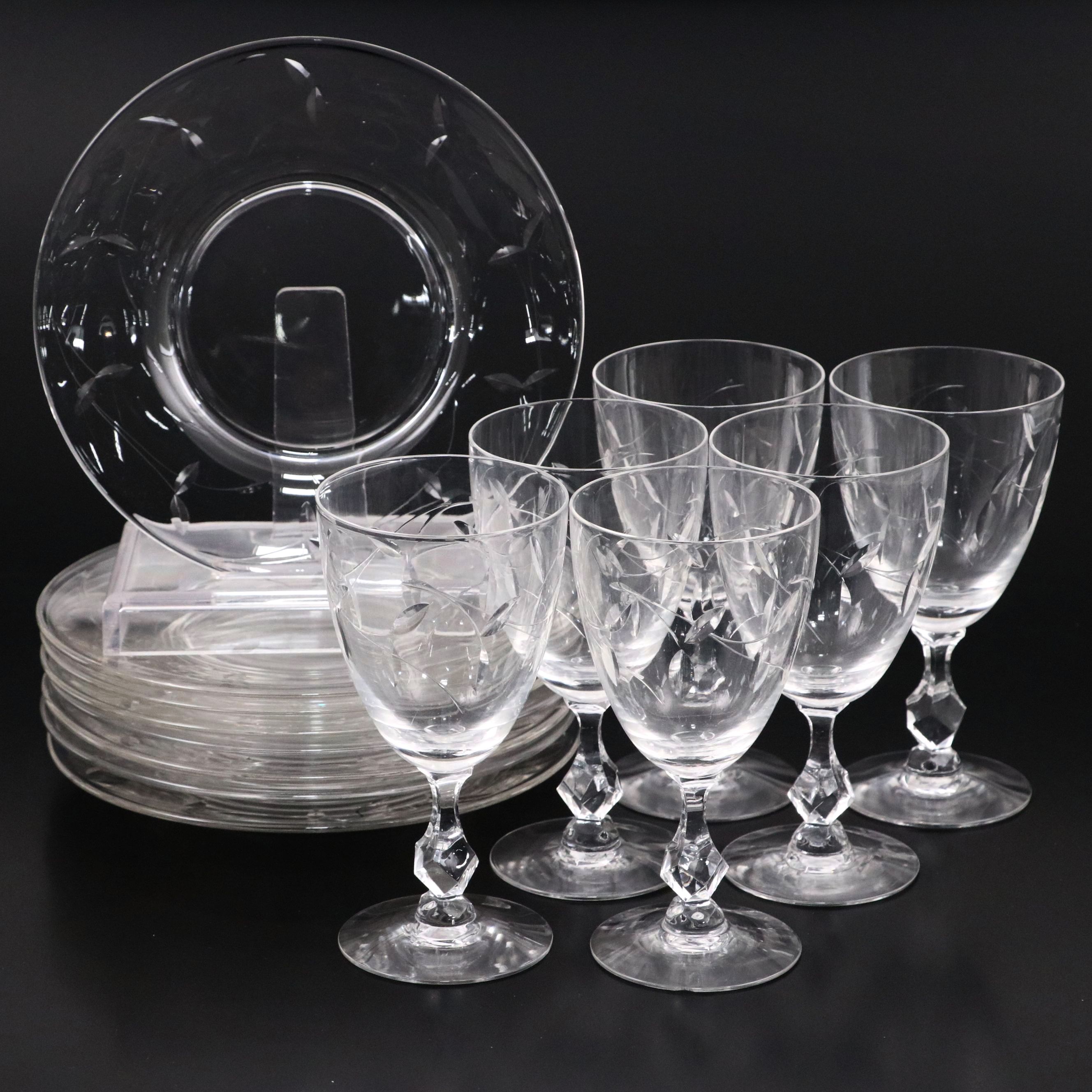 Vintage Etched Glass Plated and Goblets, Mid-20th Century