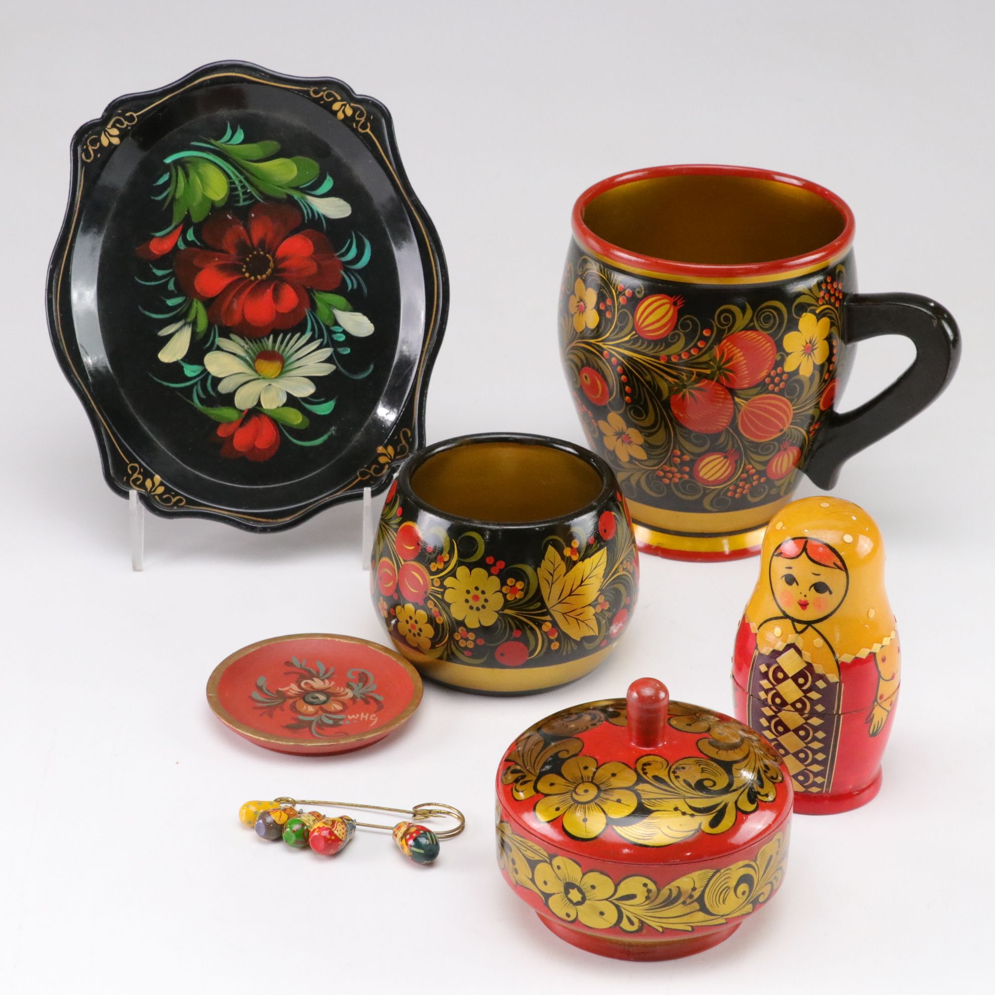 Russian & USSR Khokhloma Wood Lacquerware Sugar Bowl, Matryoshka Doll & More