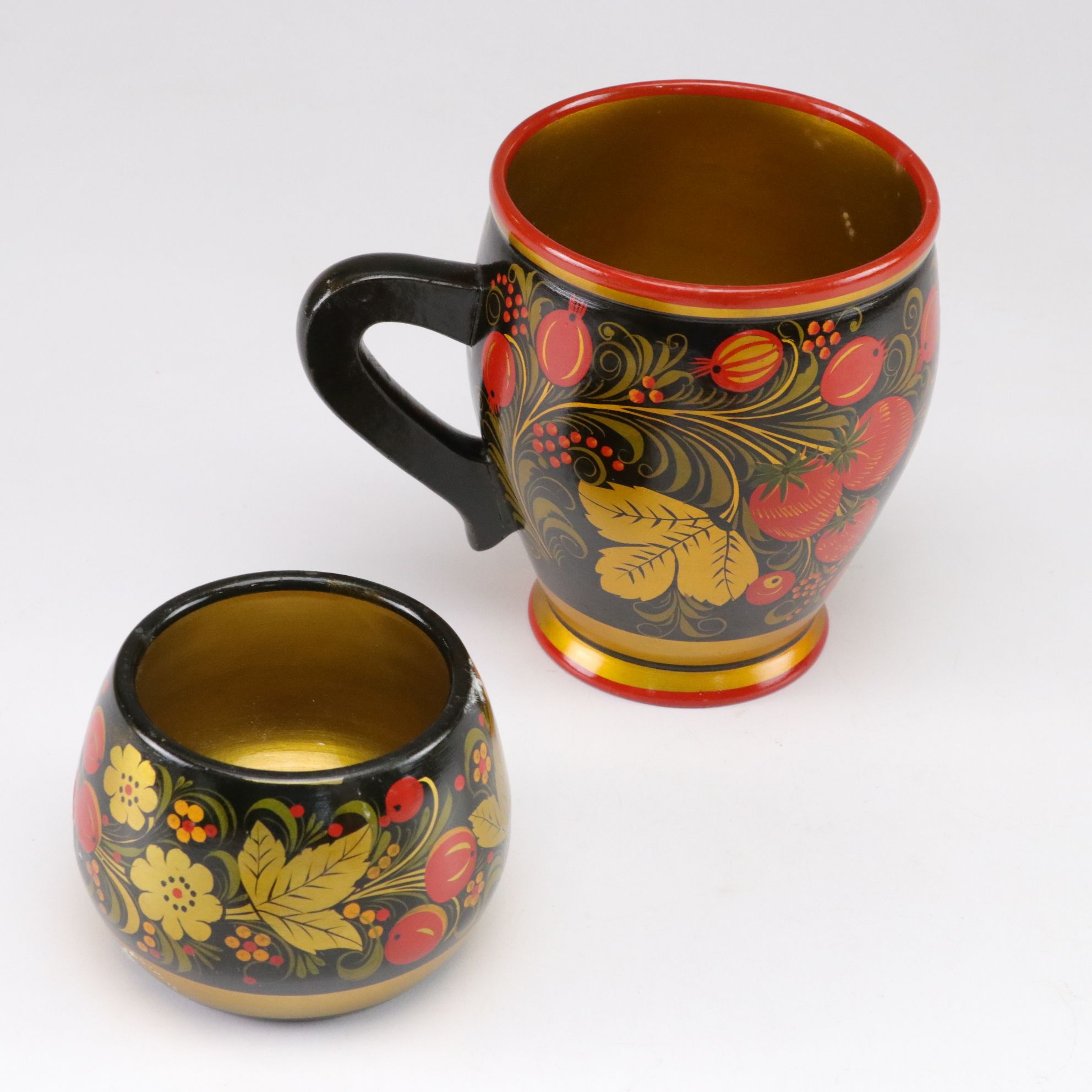 Russian & USSR Khokhloma Wood Lacquerware Sugar Bowl, Matryoshka Doll & More