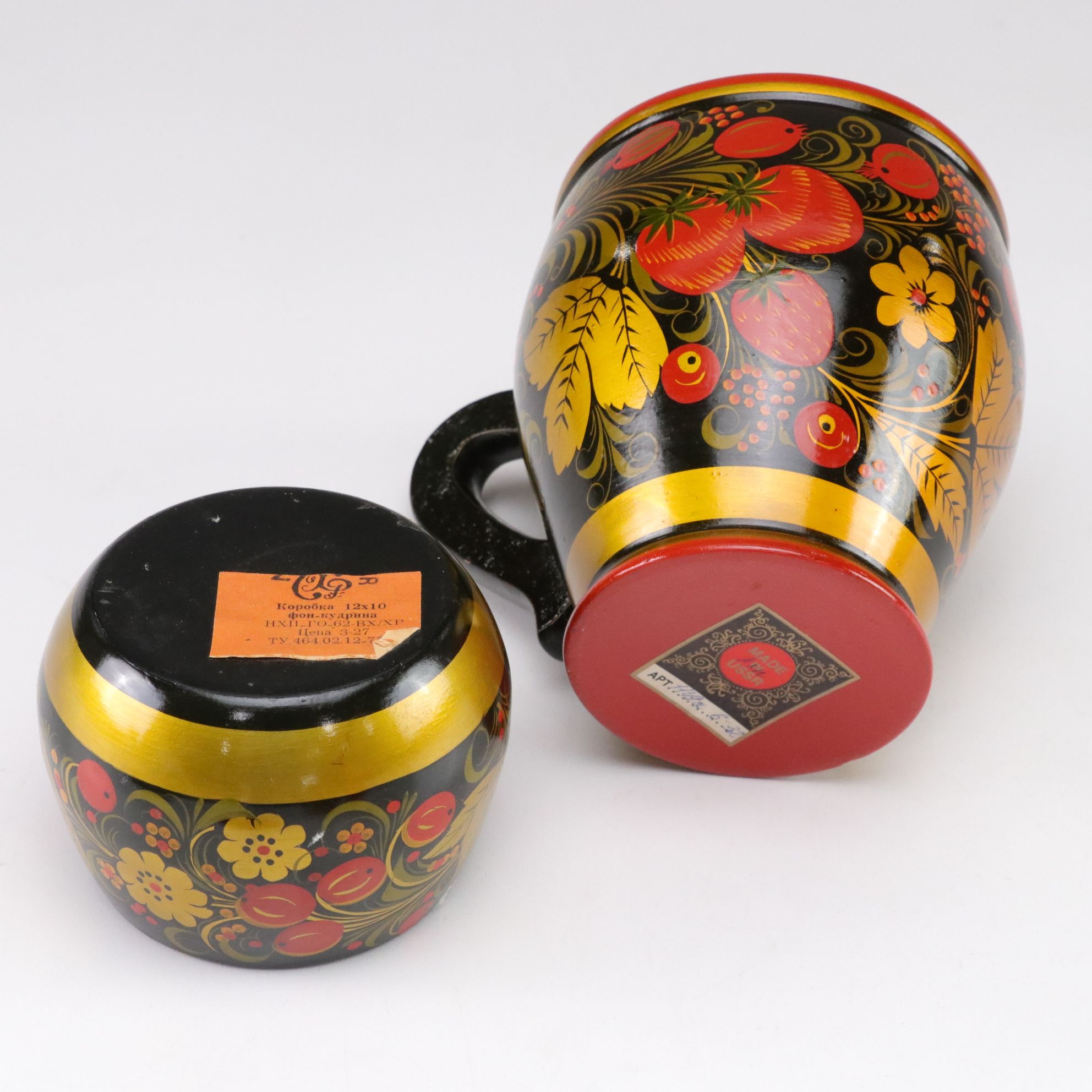 Russian & USSR Khokhloma Wood Lacquerware Sugar Bowl, Matryoshka Doll & More