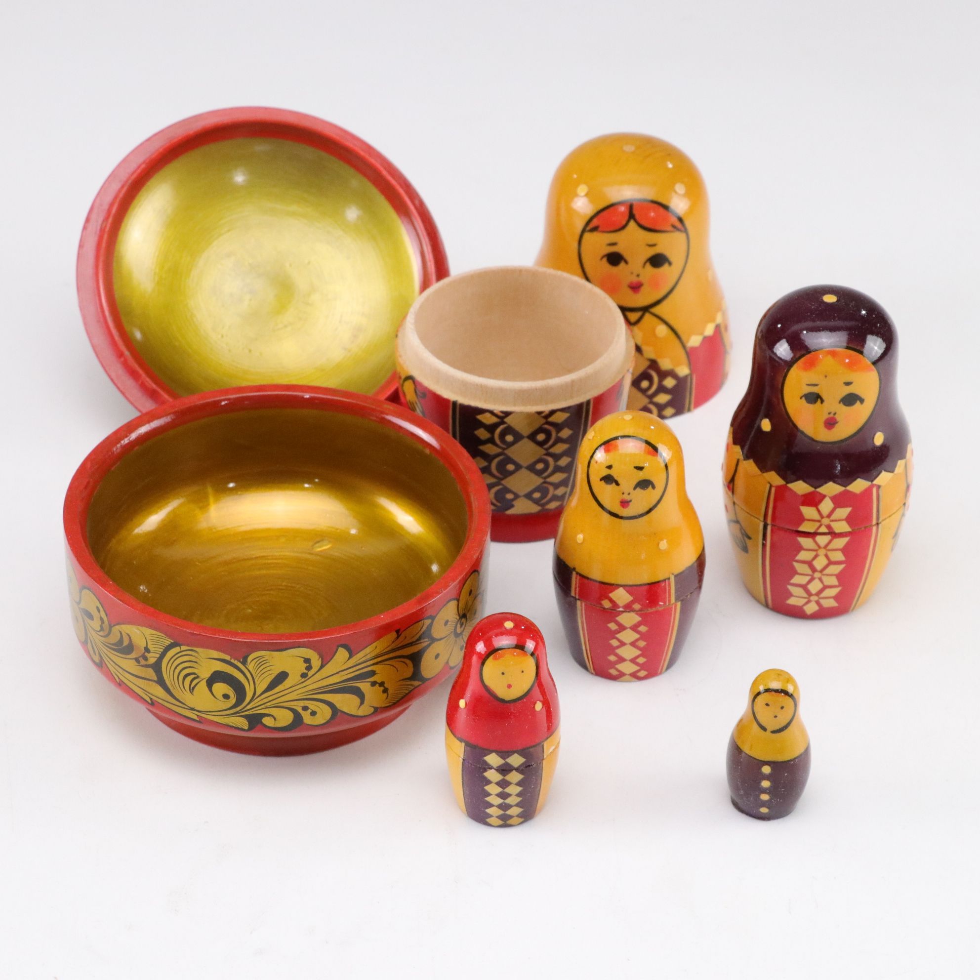 Russian & USSR Khokhloma Wood Lacquerware Sugar Bowl, Matryoshka Doll & More