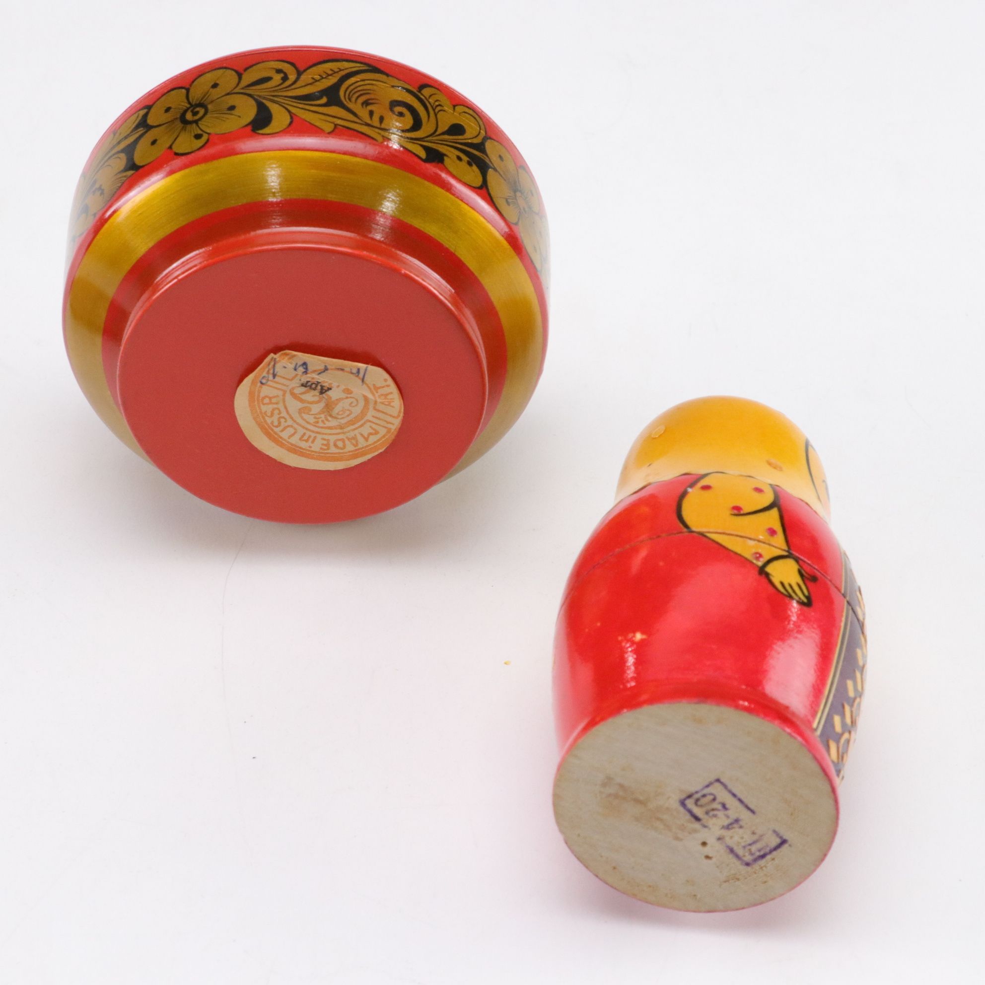 Russian & USSR Khokhloma Wood Lacquerware Sugar Bowl, Matryoshka Doll & More