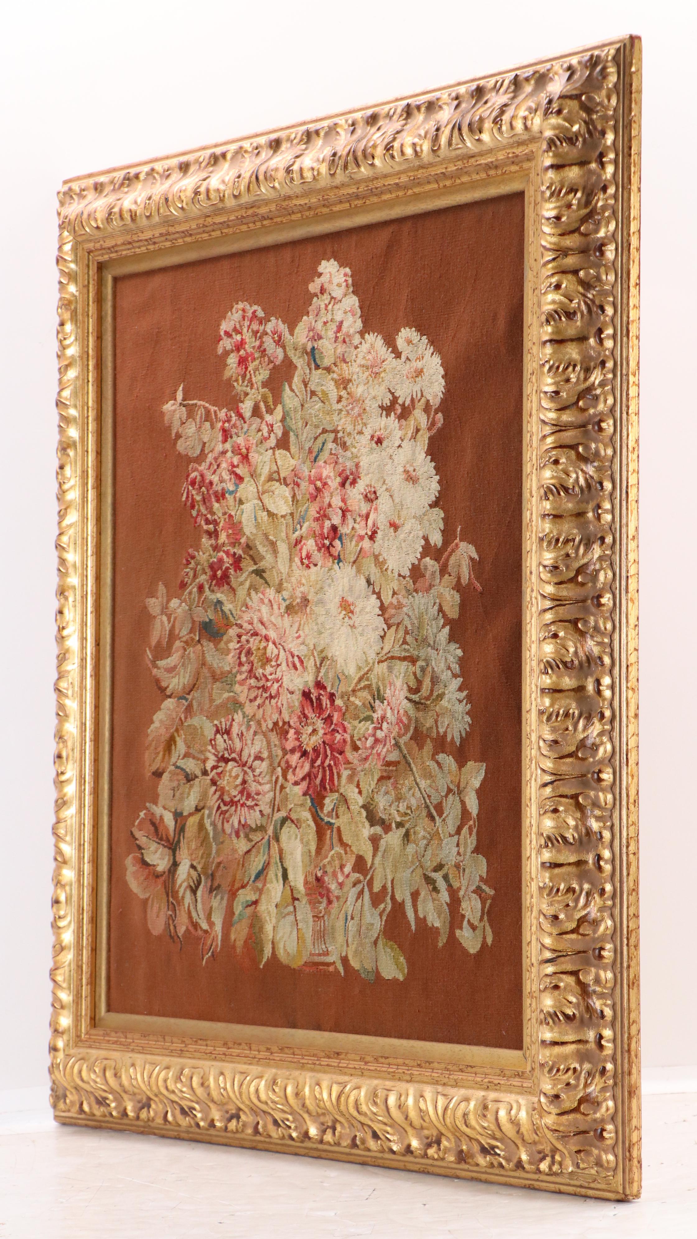 Floral Aubusson Style Tapestry in Gilt Acanthus Frame